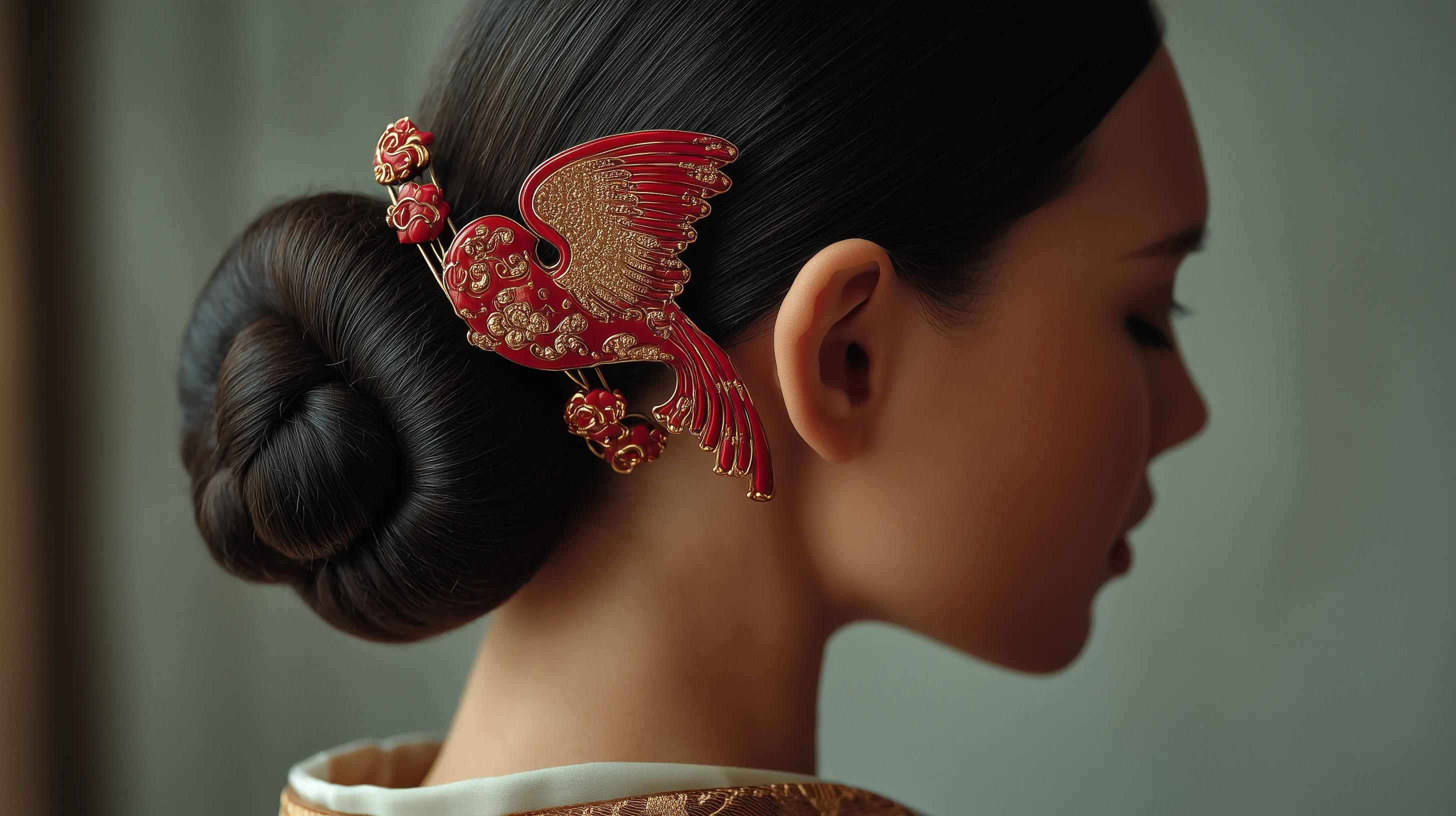 Woman with ornate red phoenix hairpin