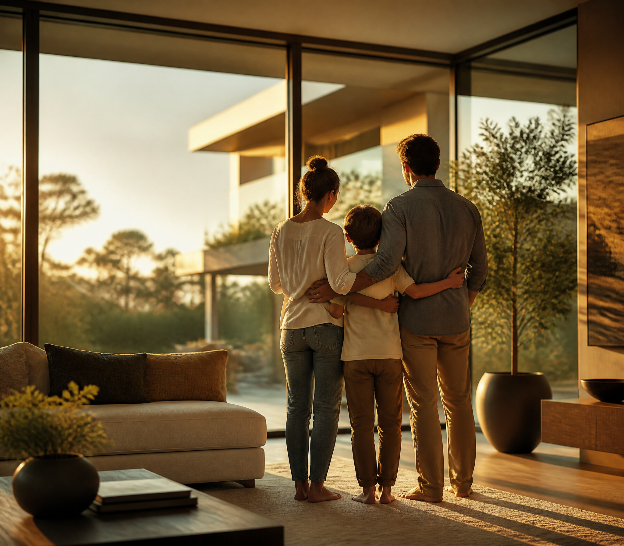 Family Looking Out From Modern Home at Sunset