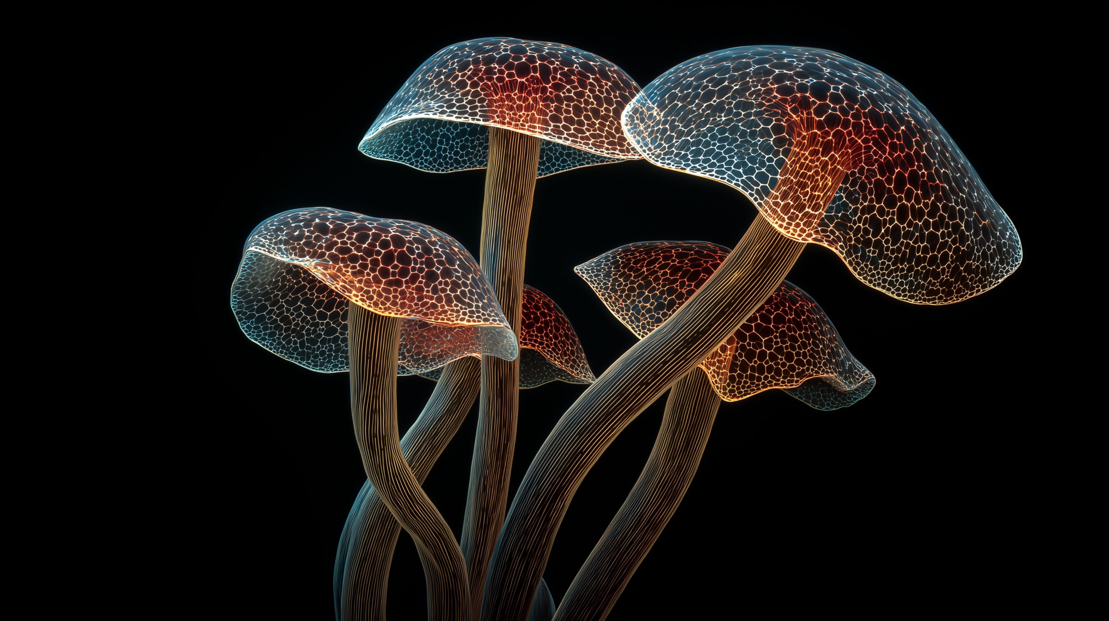 Glowing Wireframe Mushrooms on Black
