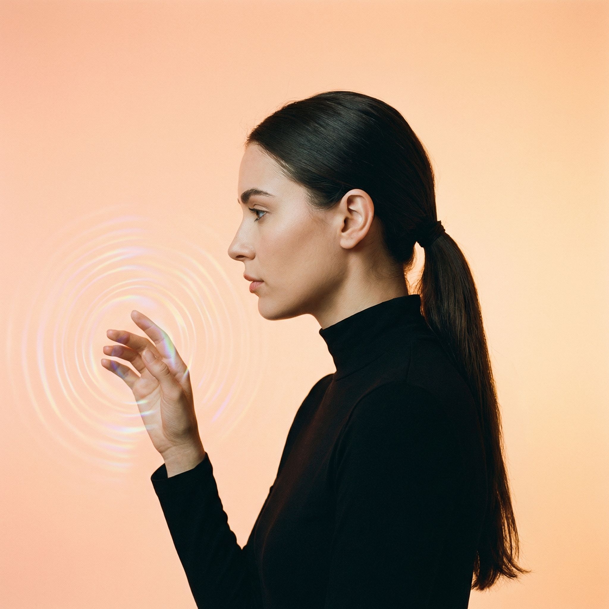 Woman interacting with abstract light waves