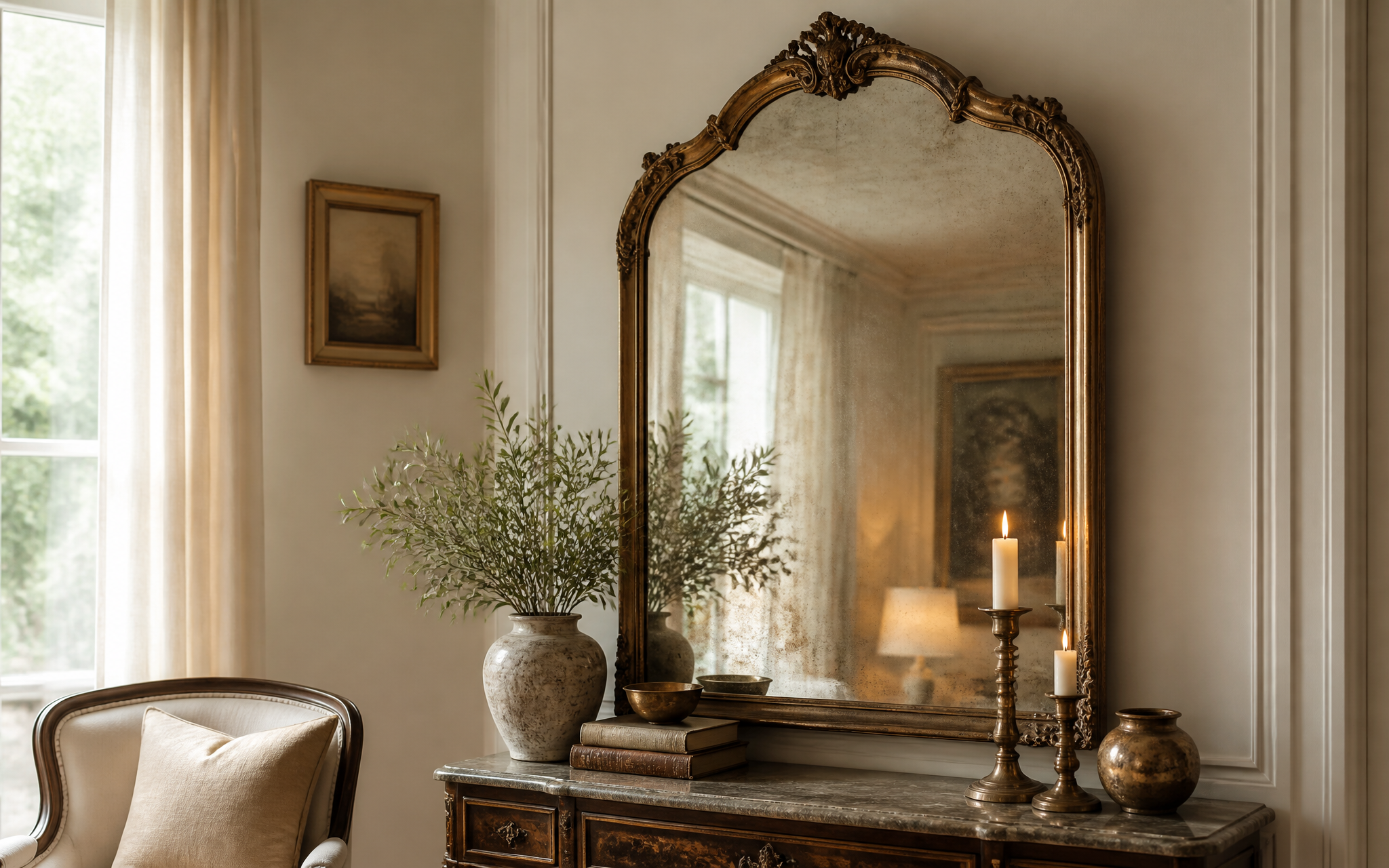 Elegant room with antique mirror and decorative accents