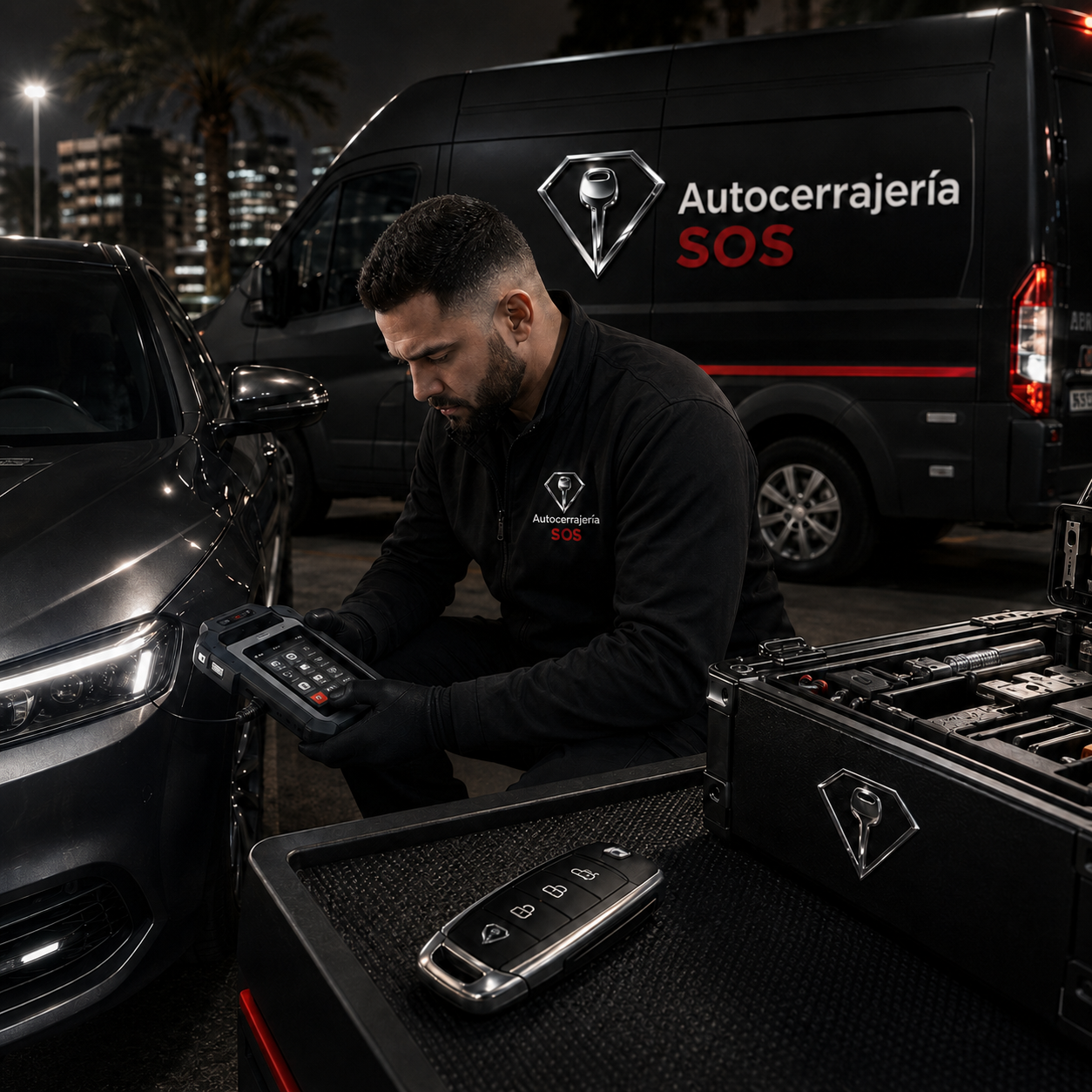 Técnico de Autocerrajería SOS programando llave automotriz en Puerto Rico