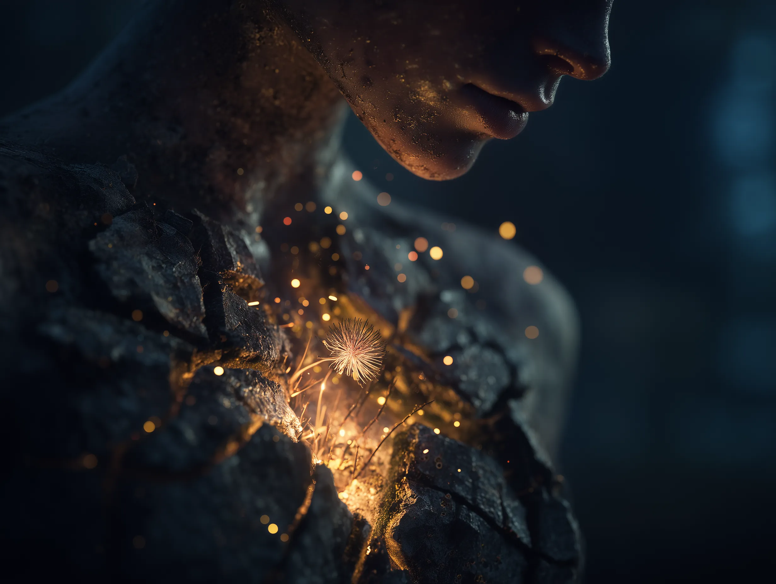 Glowing Flower Growing from Cracked Stone Skin