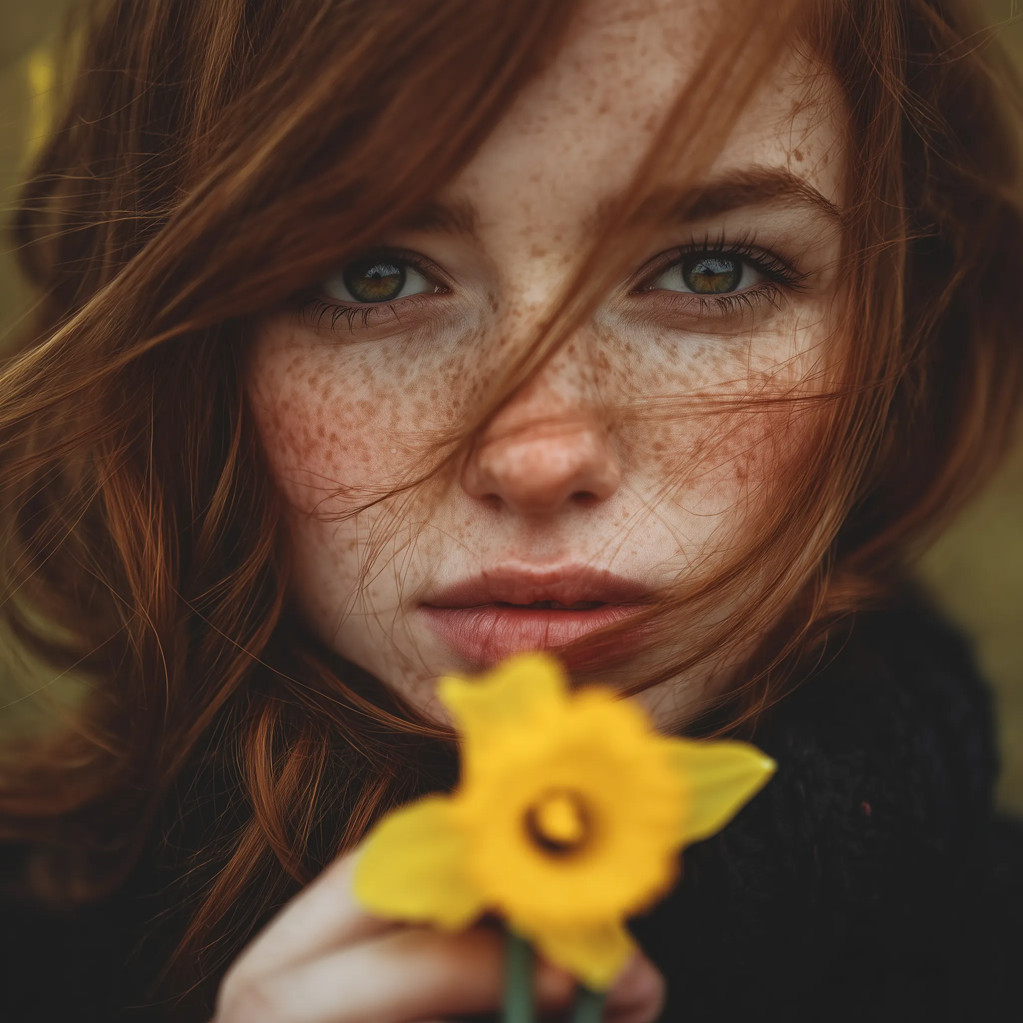 Freckled Redhead Portrait with Yellow Flower