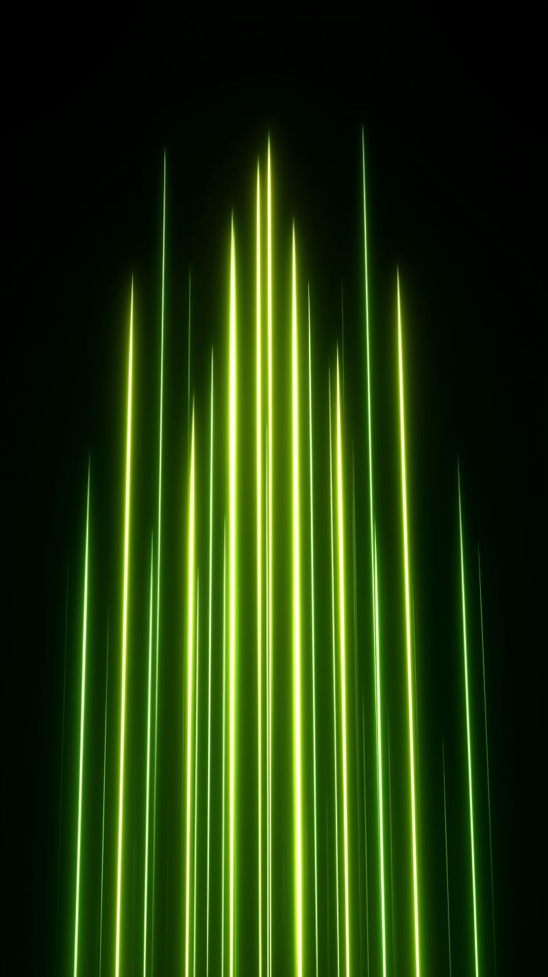 Vertical neon green light beams on dark backdrop