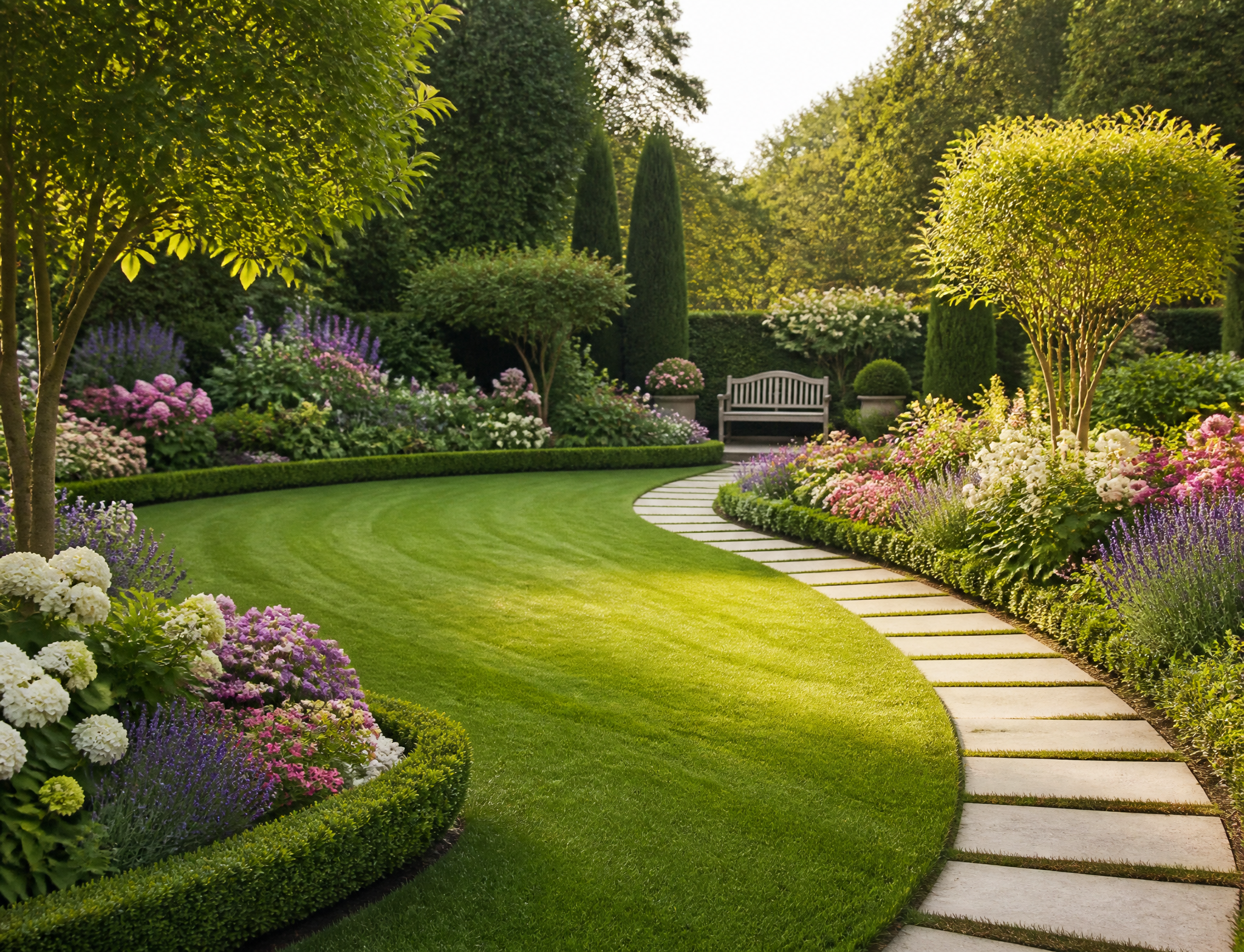 Elegant lawn with blooming flower borders and landscaped garden path