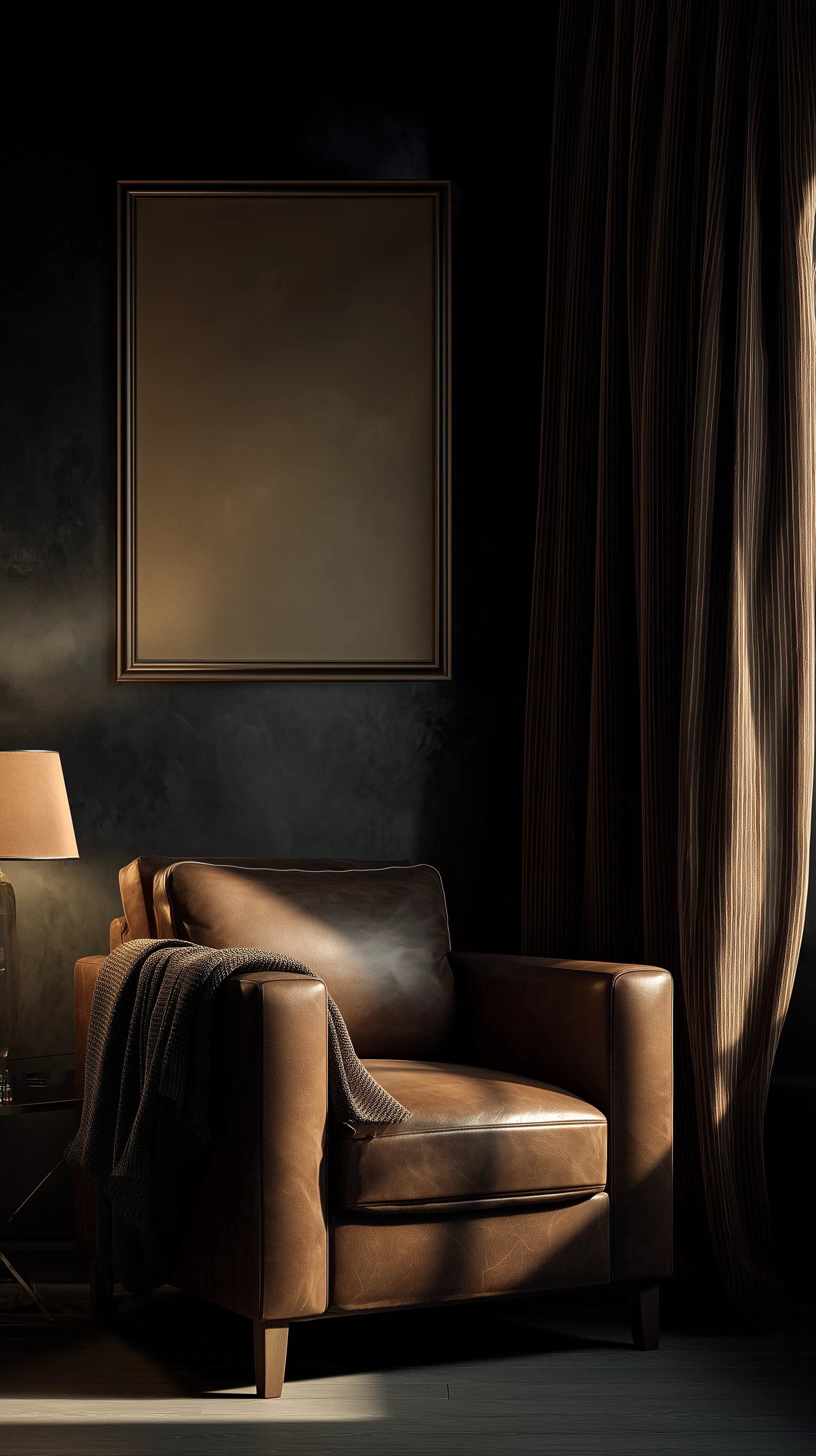 Moody Interior with Leather Armchair and Blank Frame
