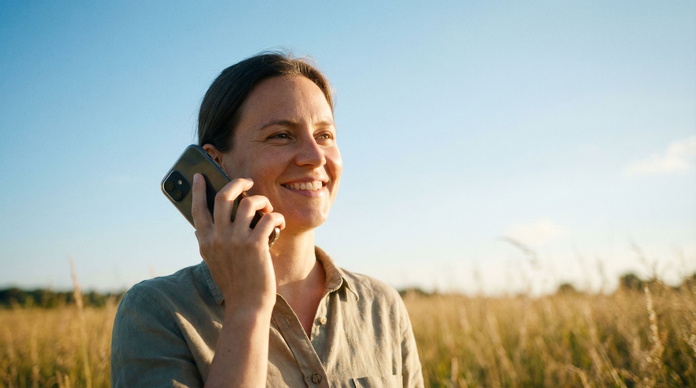 Woman on mobile phone in sunny field