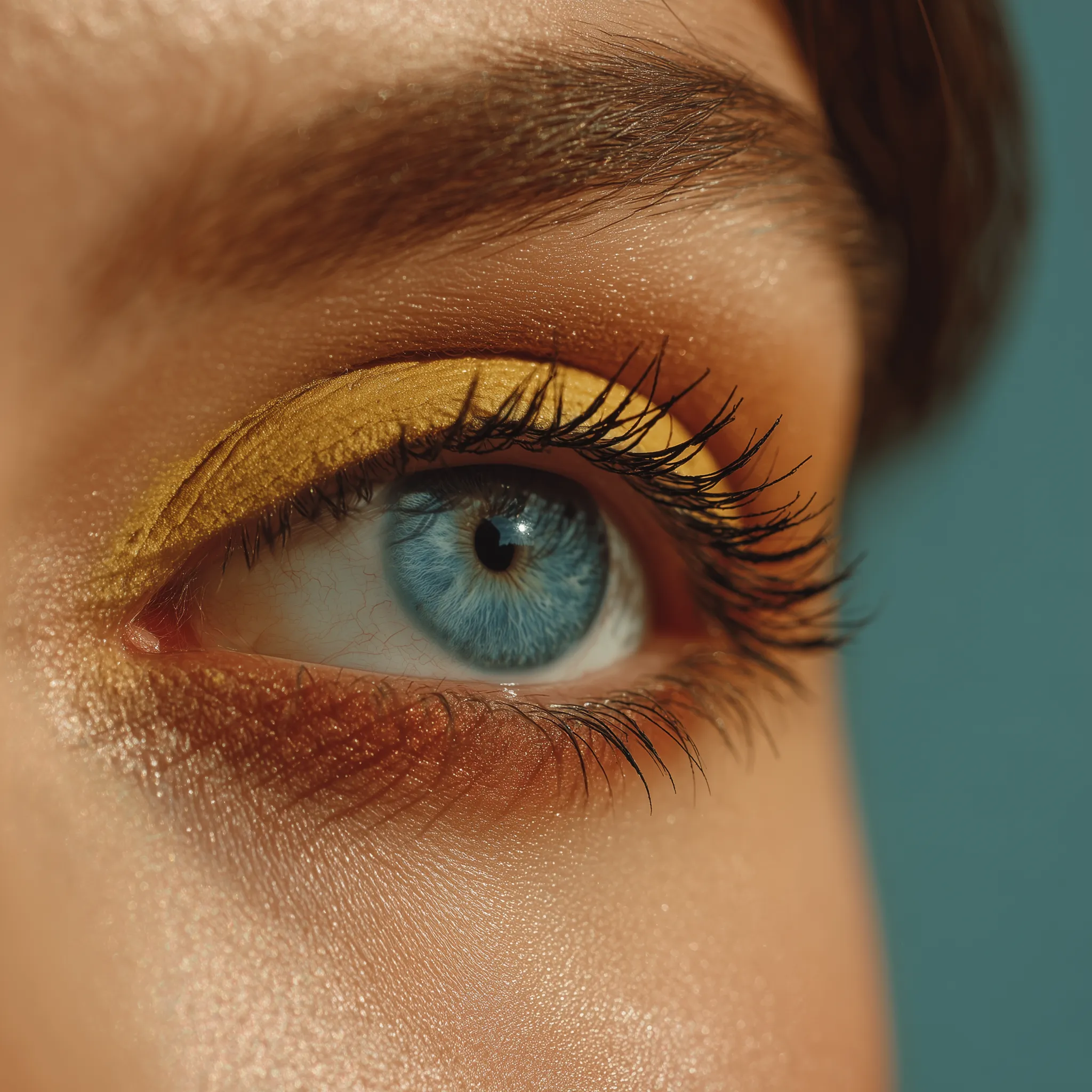 Close-up blue eye with golden eyeshadow