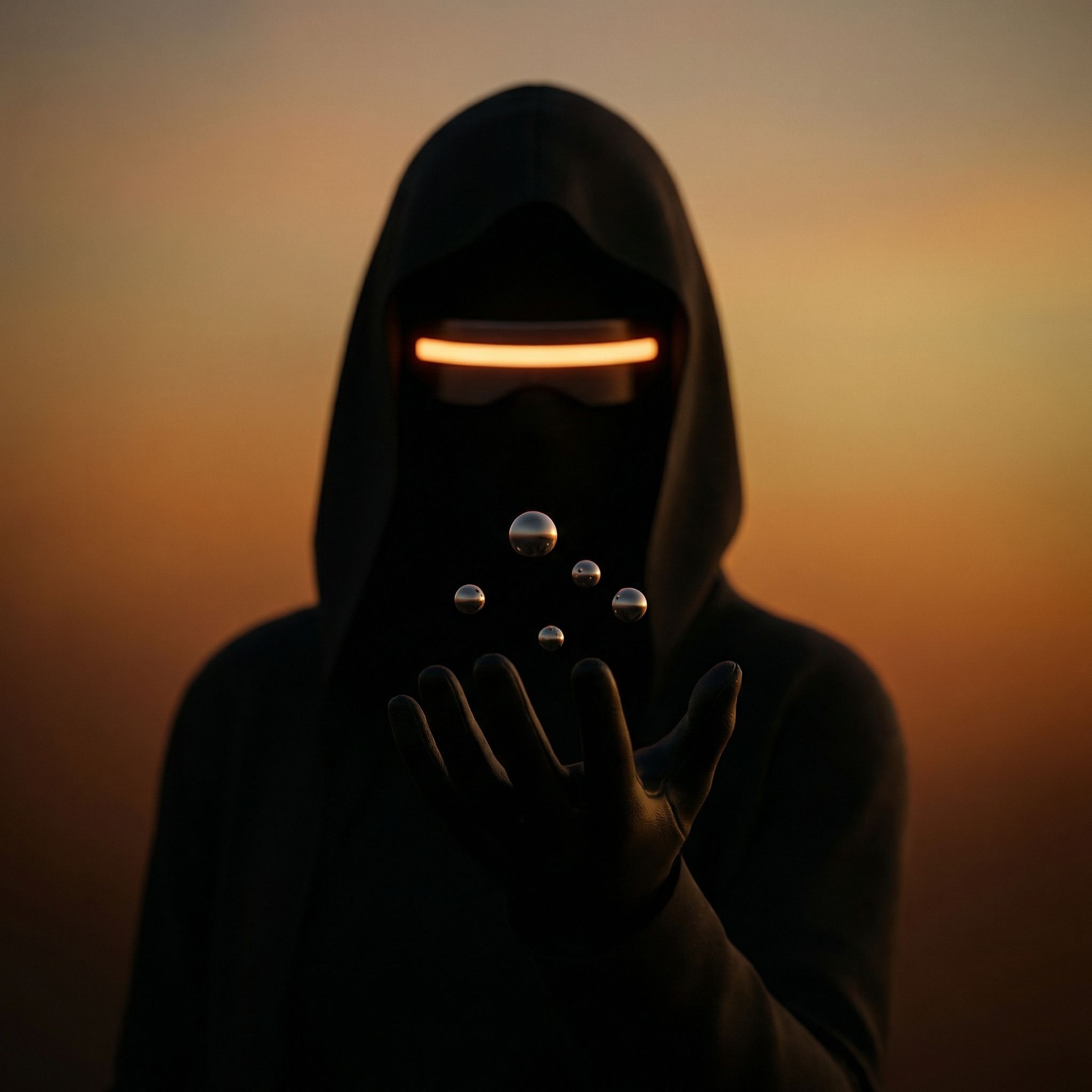 Hooded futuristic figure with glowing visor