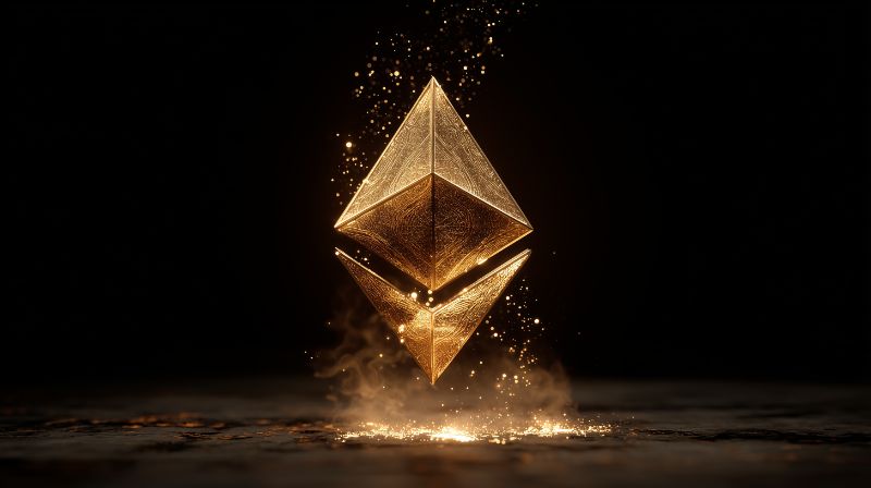 Floating Golden Ethereum Symbol in Dark Space