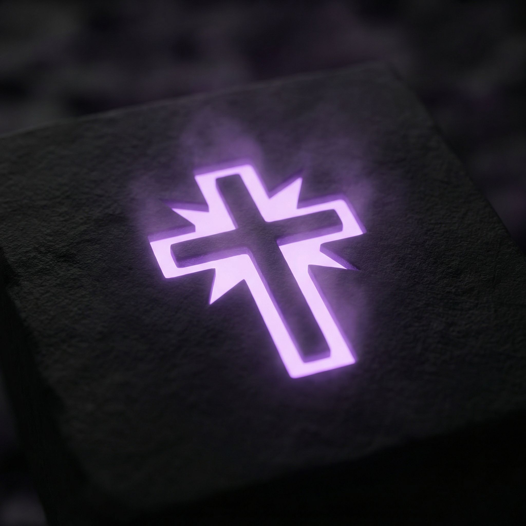 Glowing Purple Cross Symbol on Dark Stone