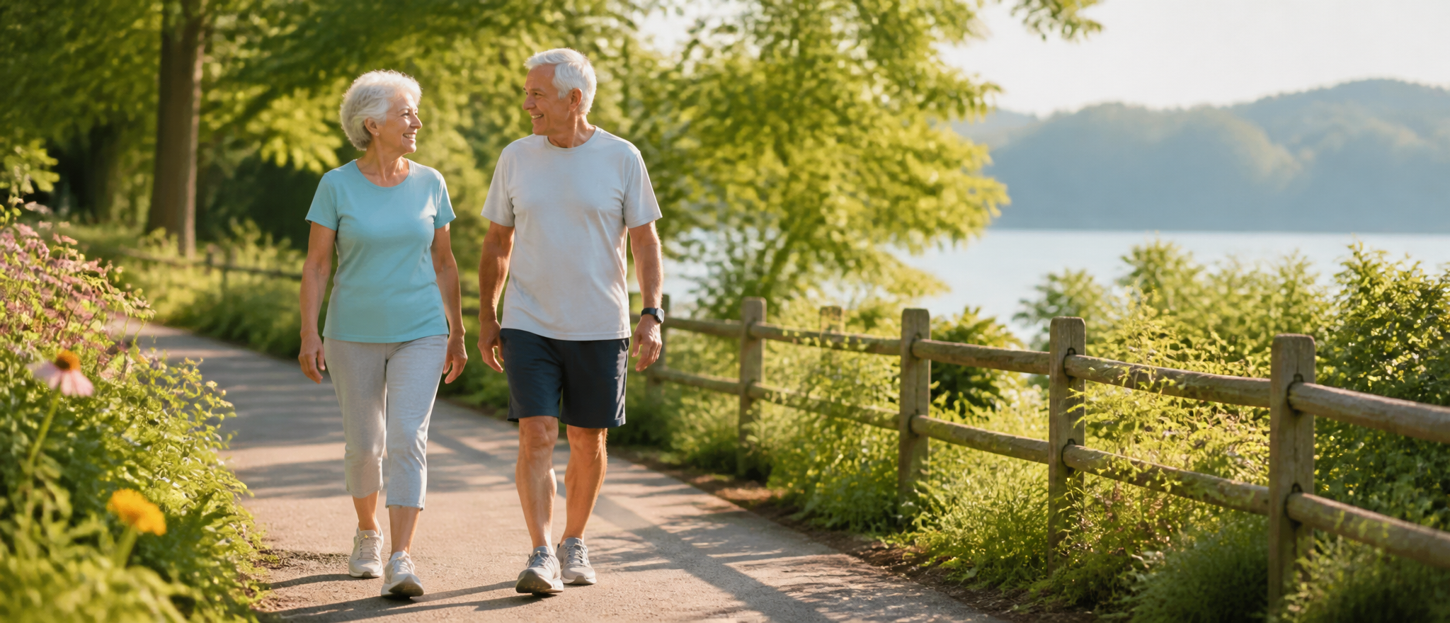 Elderly couple walking on a scenic path during a summer morning