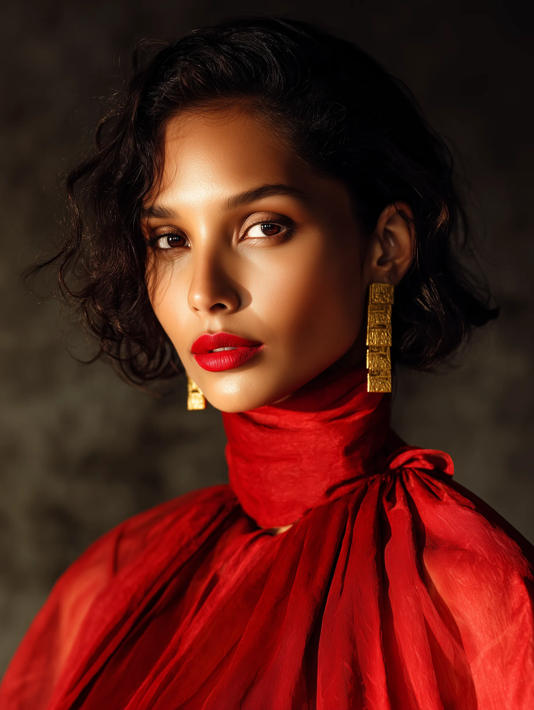 Elegant Portrait in Crimson Silk and Gold Jewelry