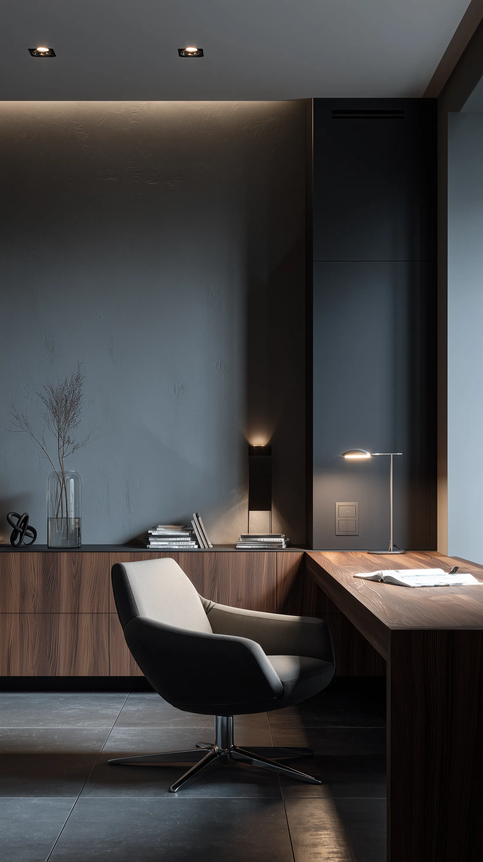 Minimalist dark home office with wooden desk