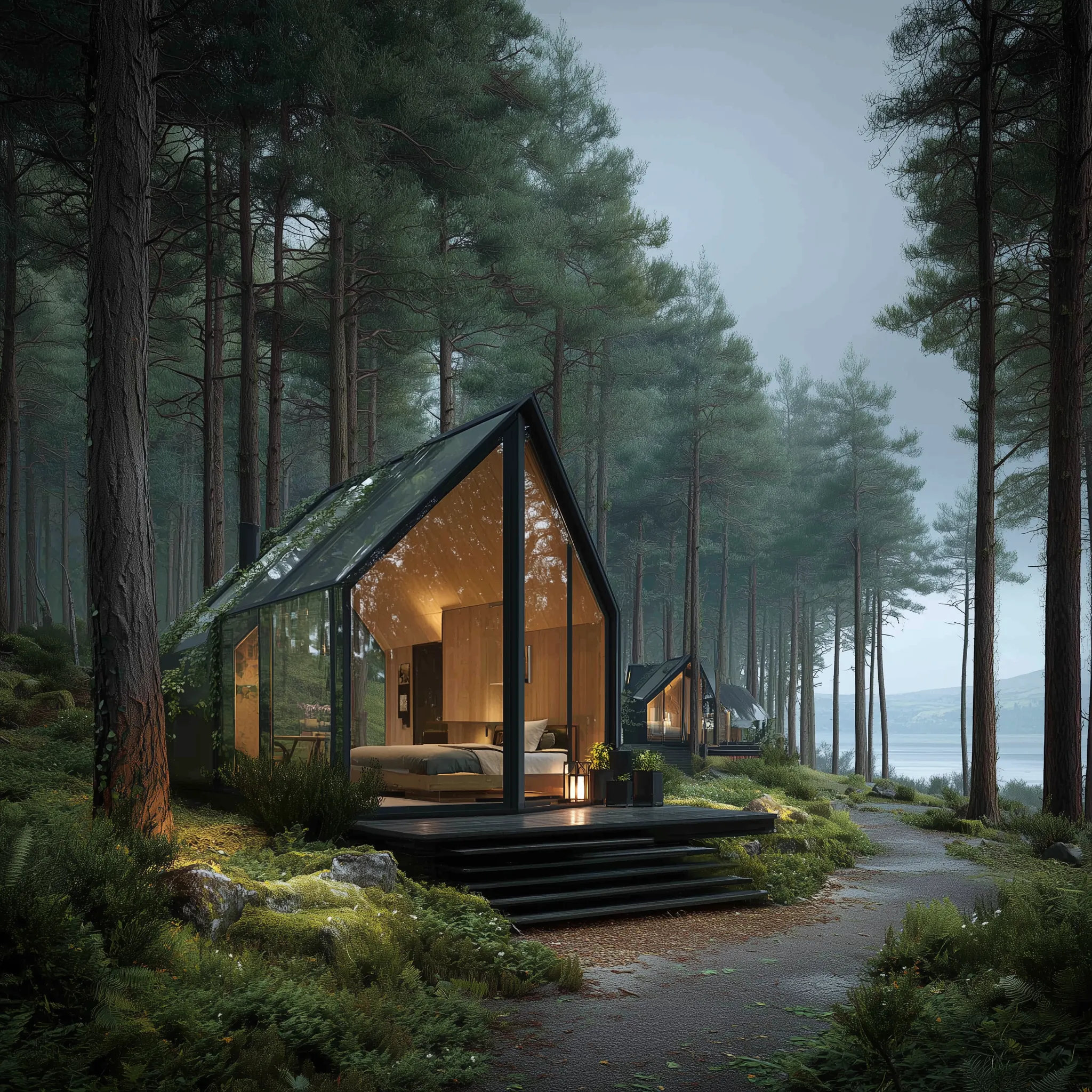 Modern Glass Cabins Nestled in Misty Pine Forest