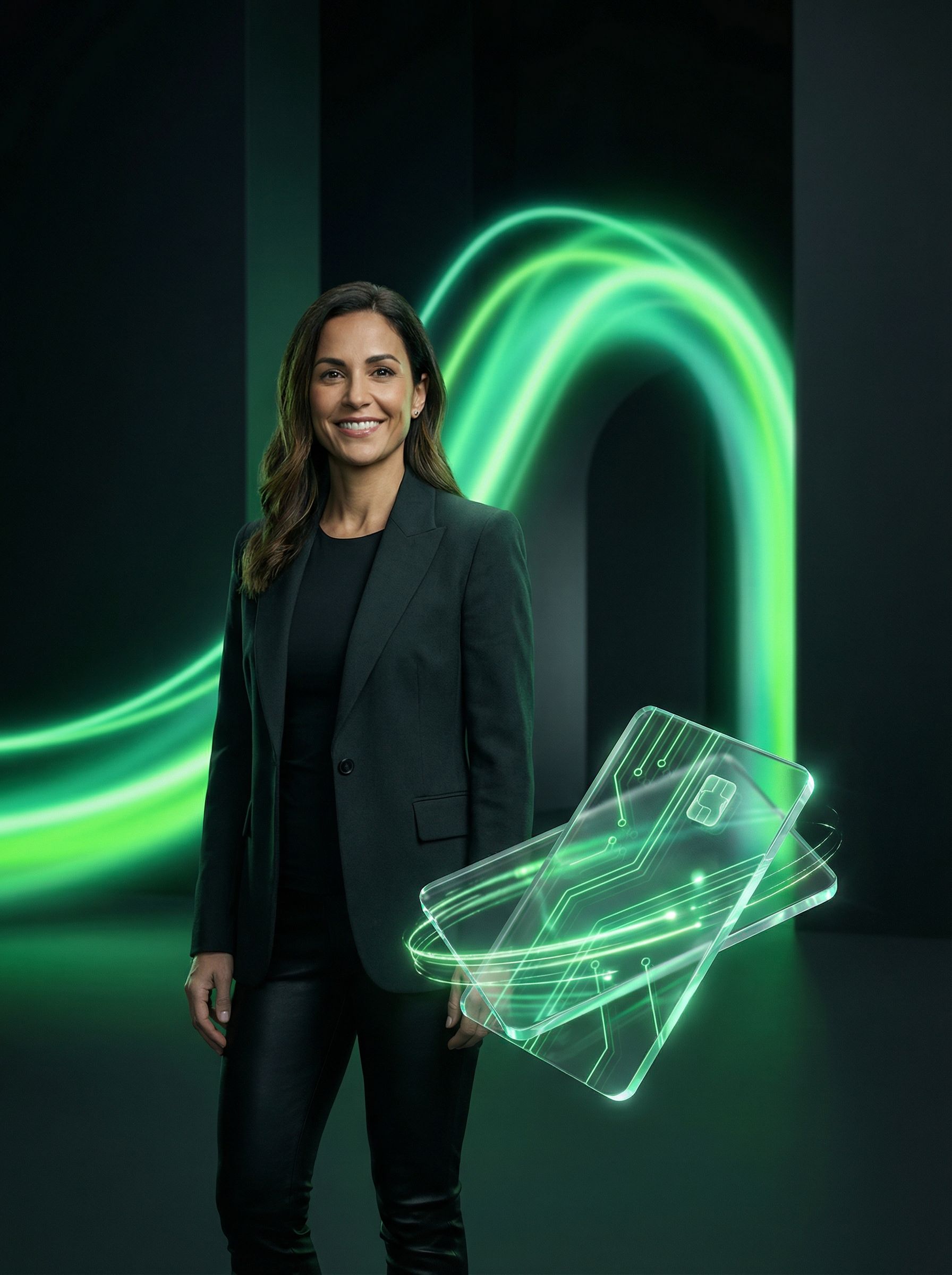 Businesswoman with futuristic digital cards