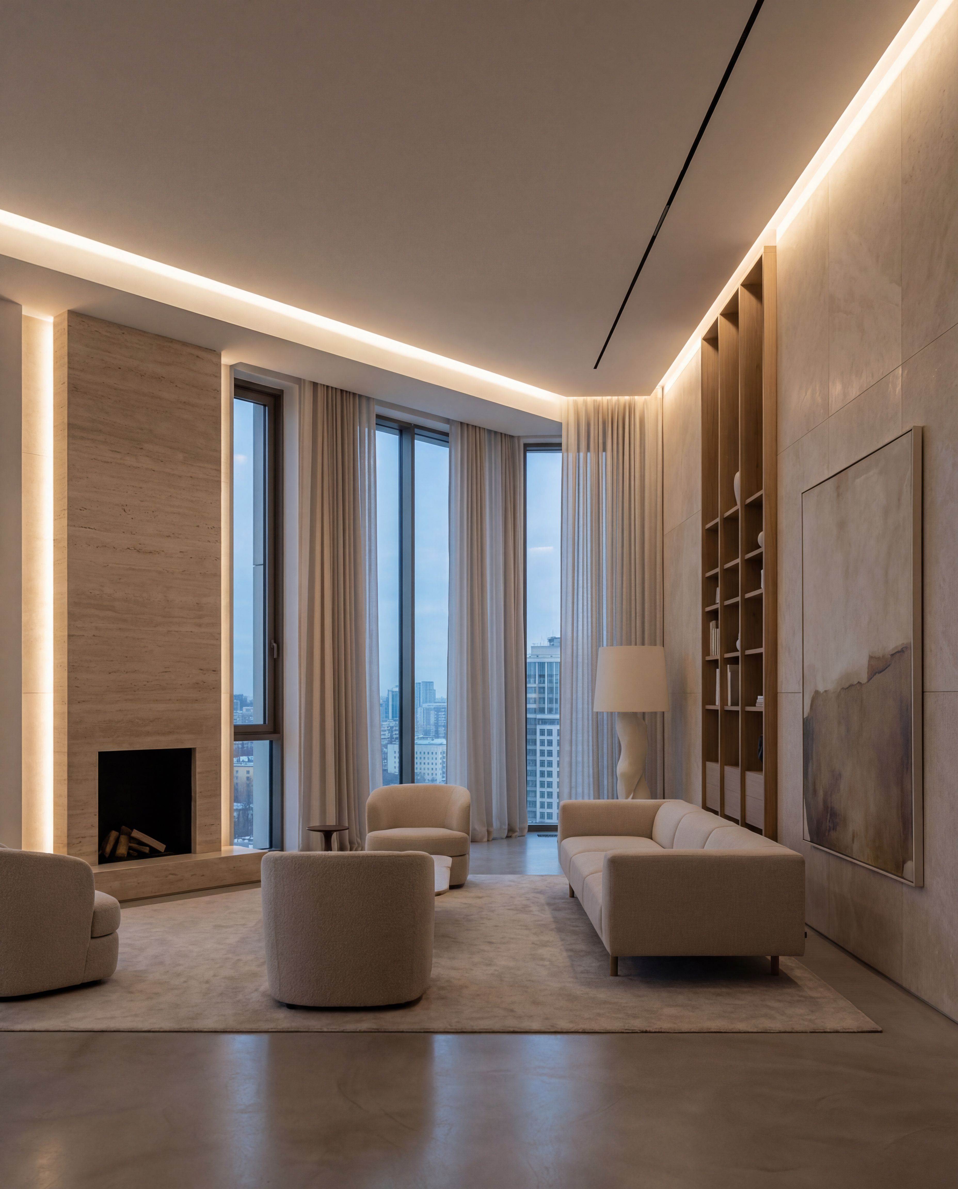 Modern Minimalist Living Room with City View