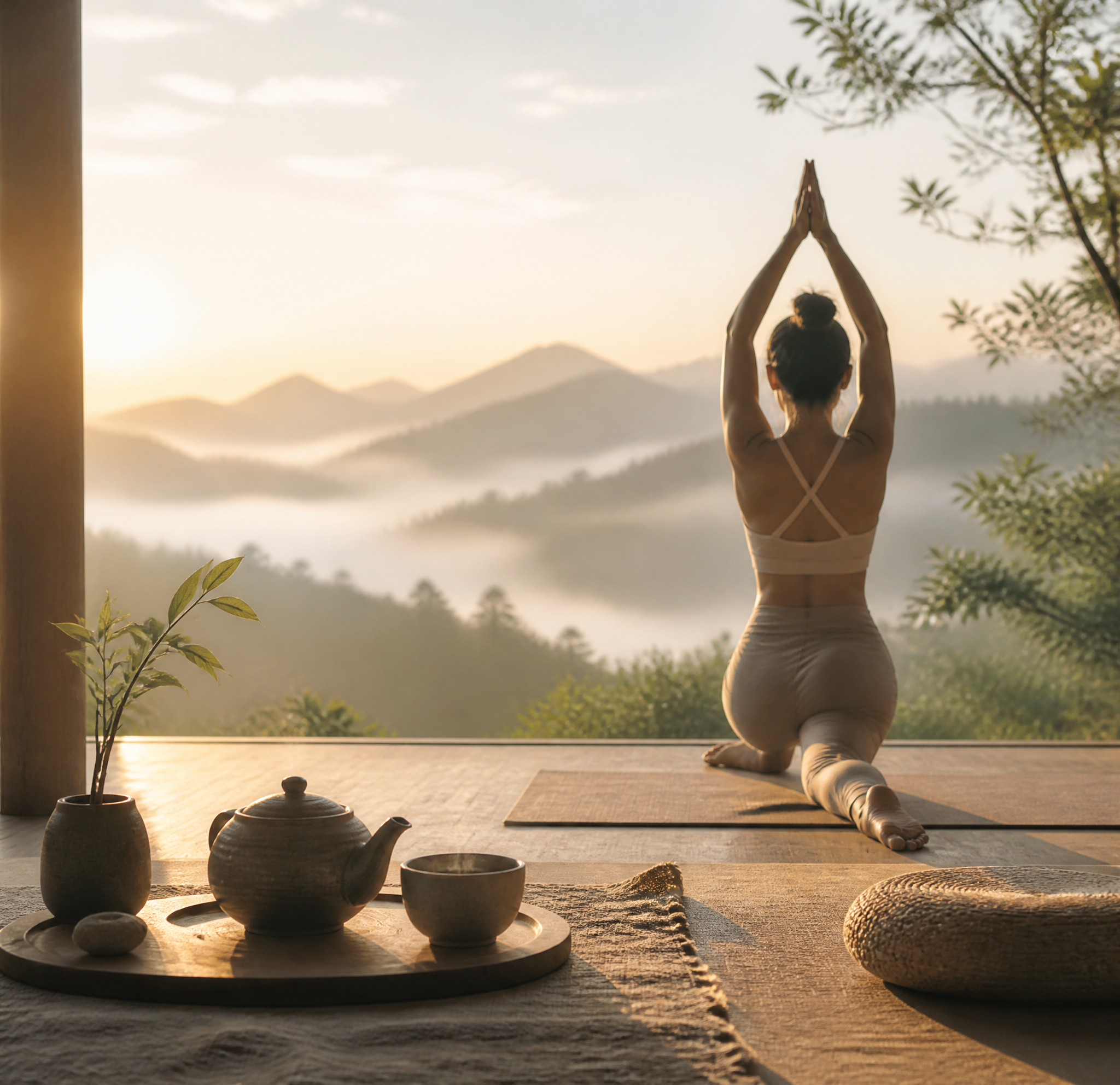 Serene Sunrise Yoga Session Overlooking Misty Mountains