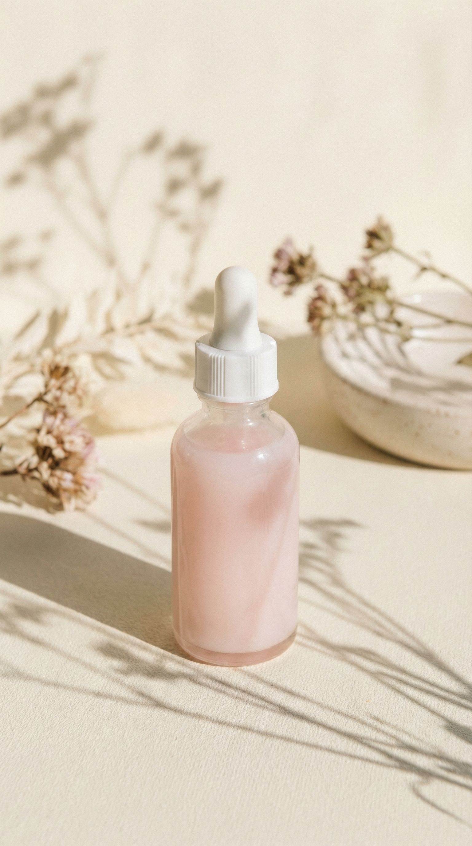 Minimalist dropper bottle with pink serum