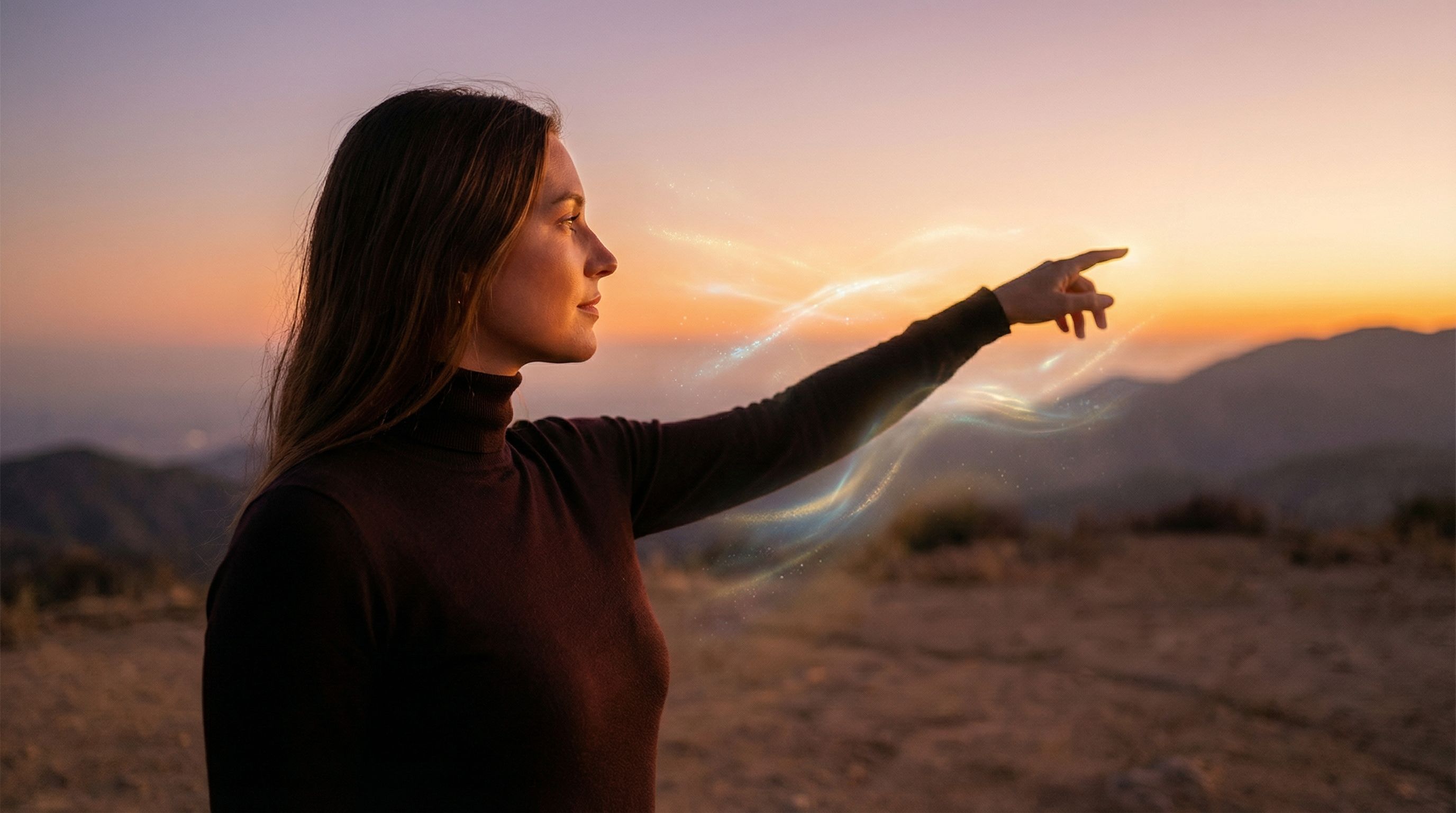 Woman pointing at glowing light in sunset mountains