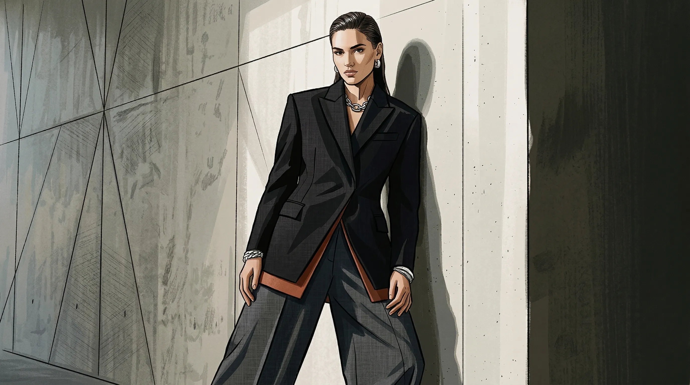 Fashion Illustration of Woman in Black Suit