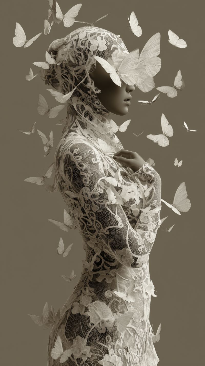 Lace-Clad Figure with Fluttering Butterflies