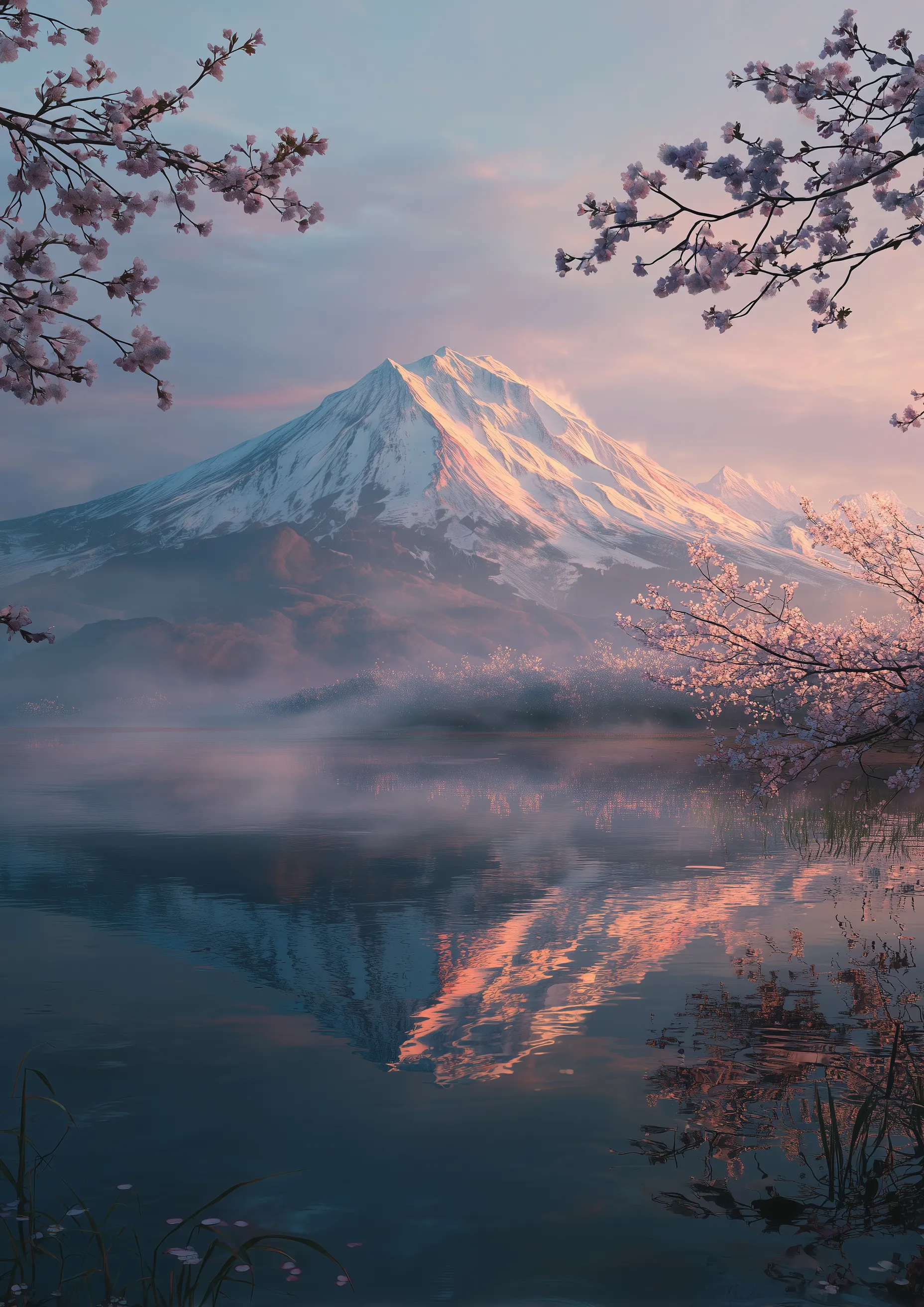 Snowy mountain reflected in lake at sunrise