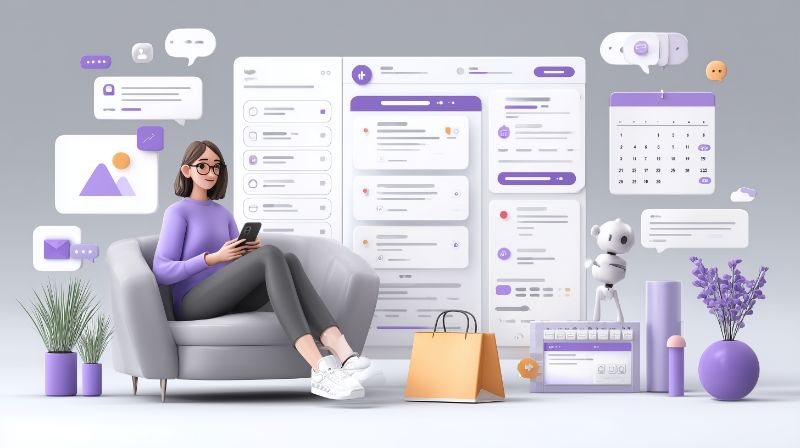 3D woman on sofa with floating UI & shopping elements