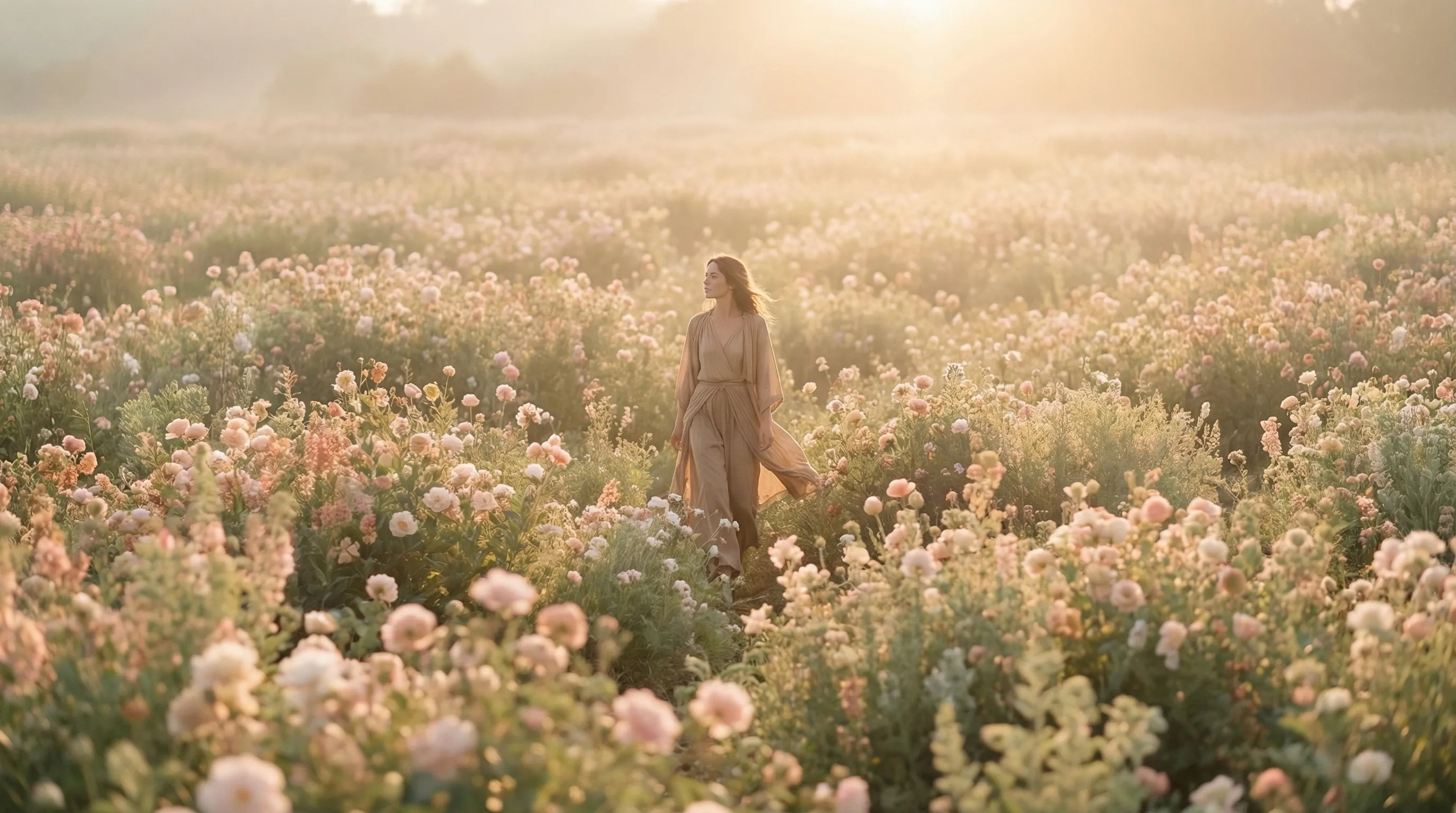 Woman walking through sunlit flower field