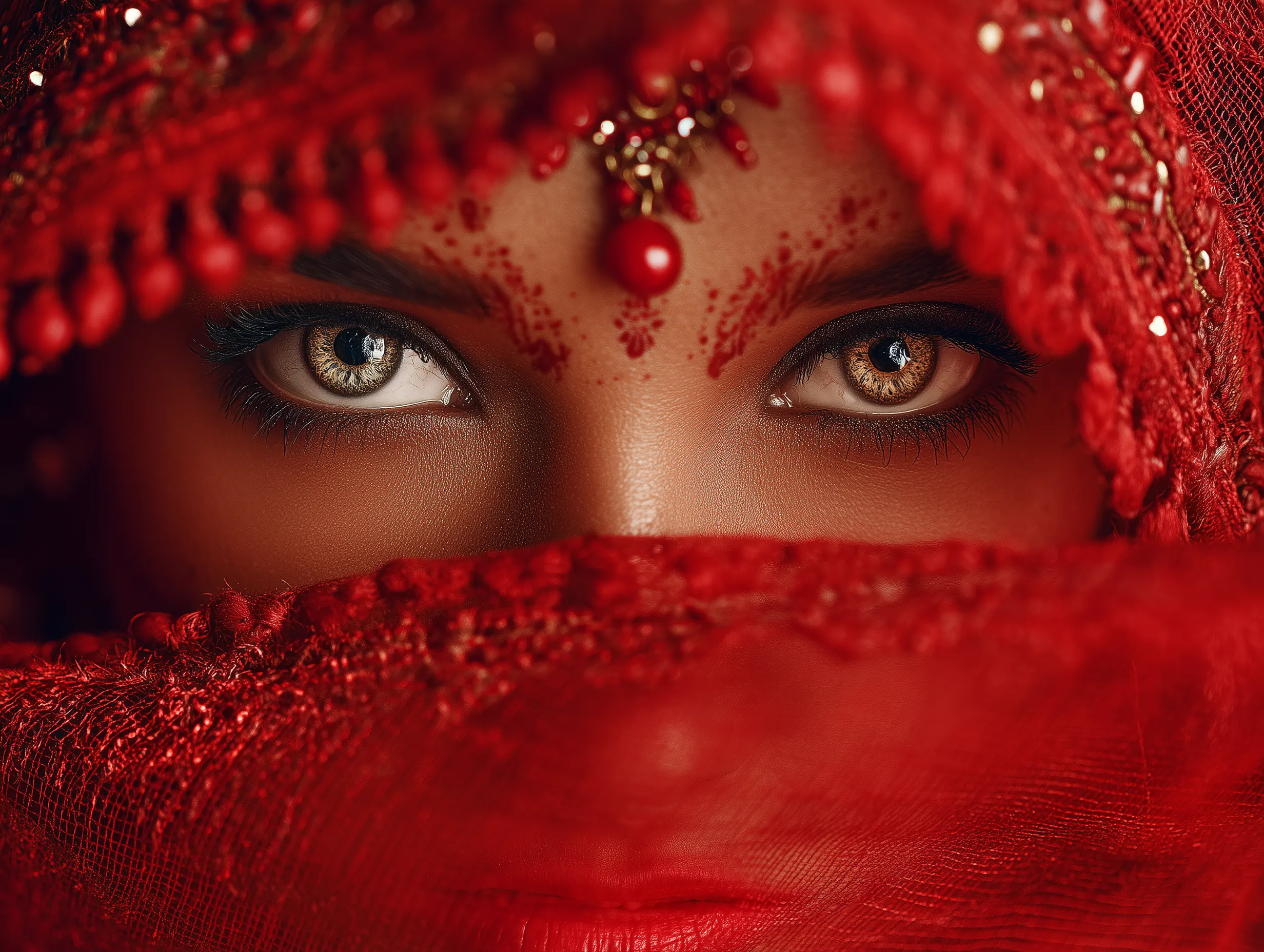 Mesmerizing eyes beneath ornate red veil