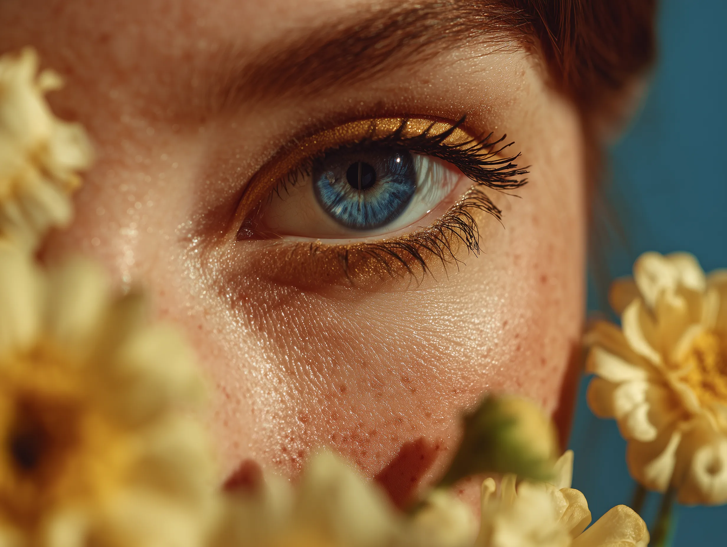 Blue eye close-up with golden makeup and flowers