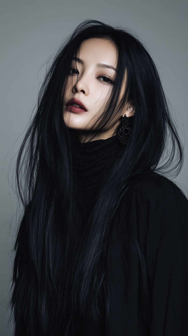 Moody studio portrait with flowing black hair