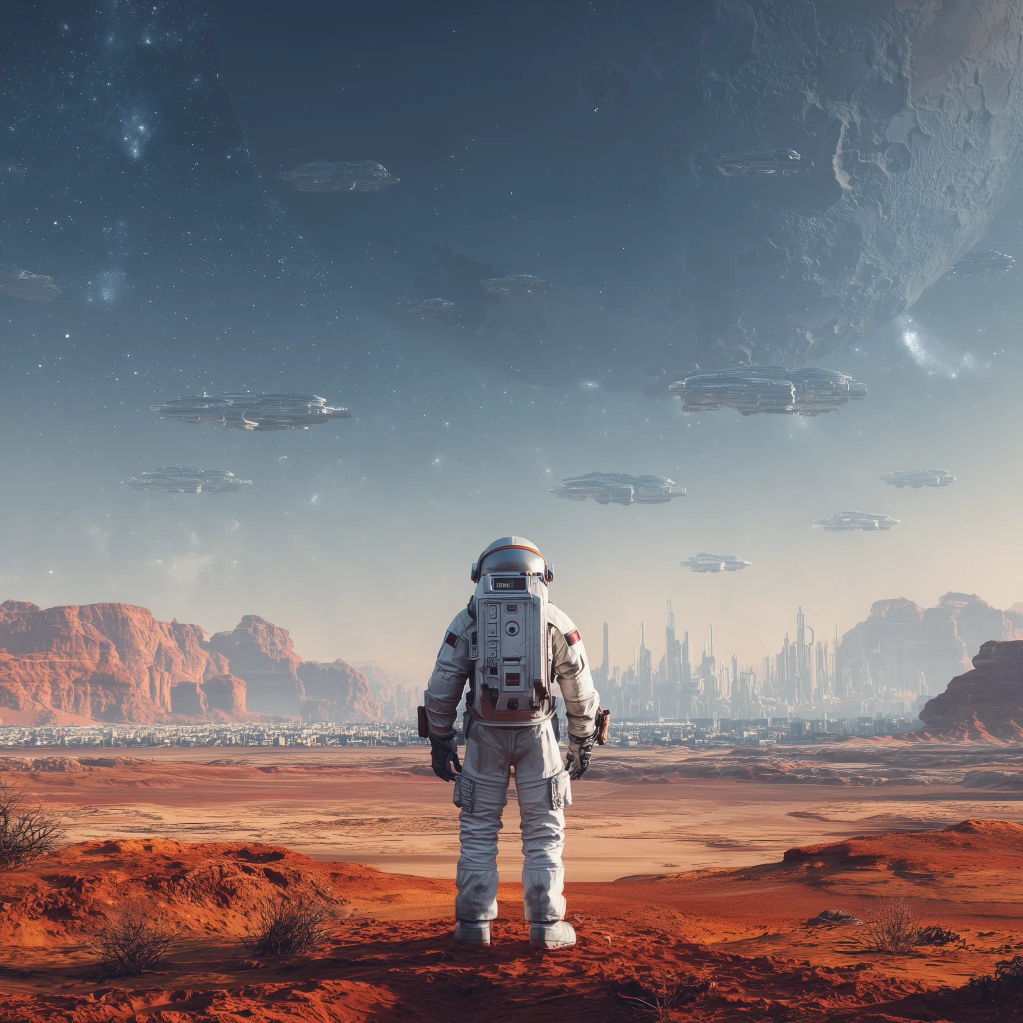 Astronaut Facing Futuristic Desert Colony