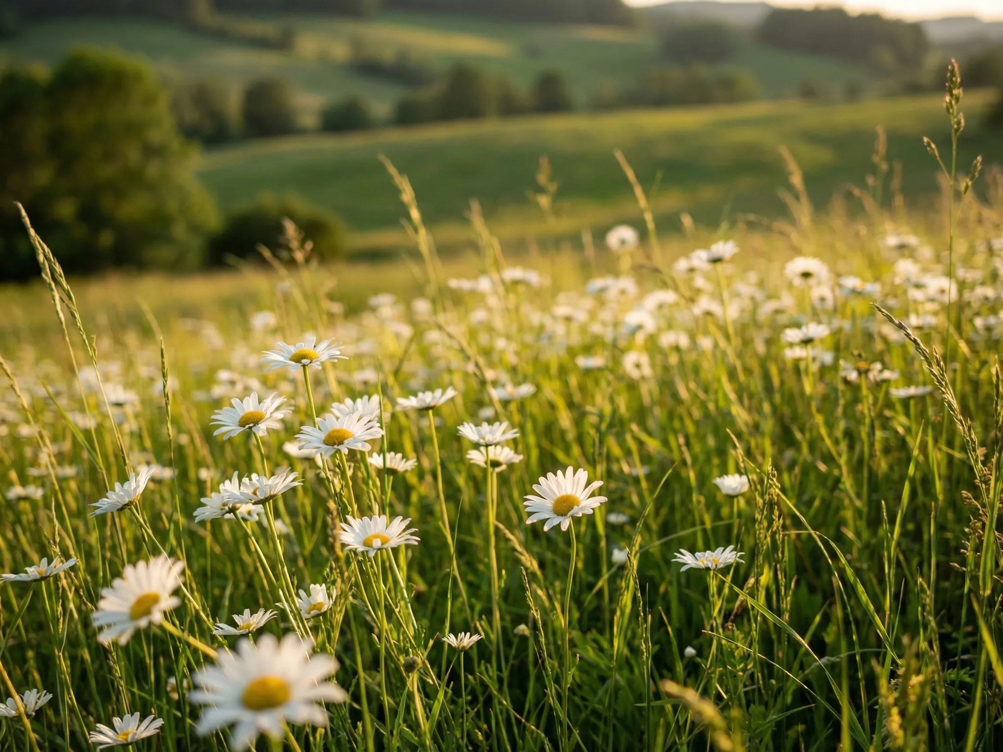 Sunlit Meadow with White Daisies