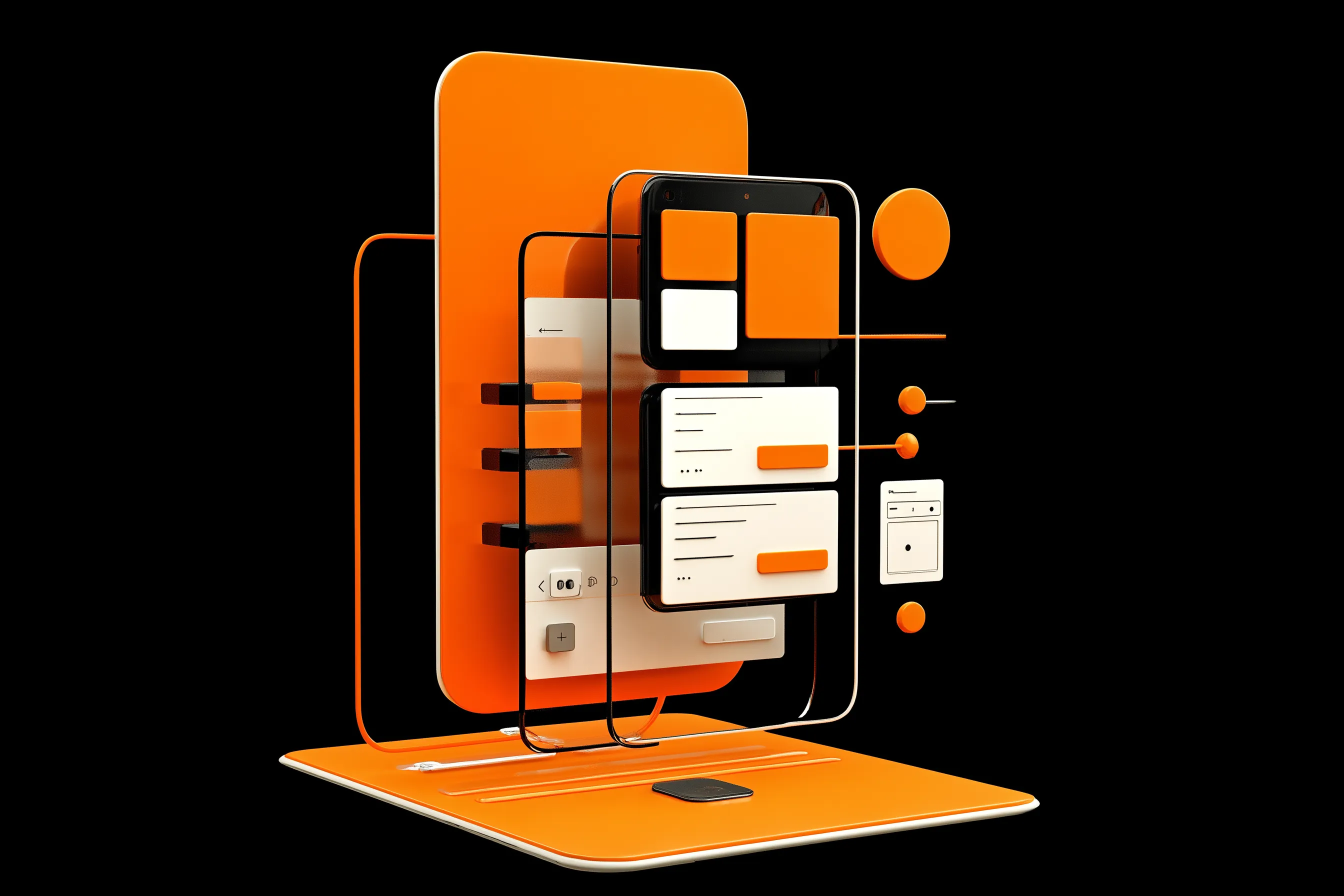 3D mobile UI mockup in orange and black