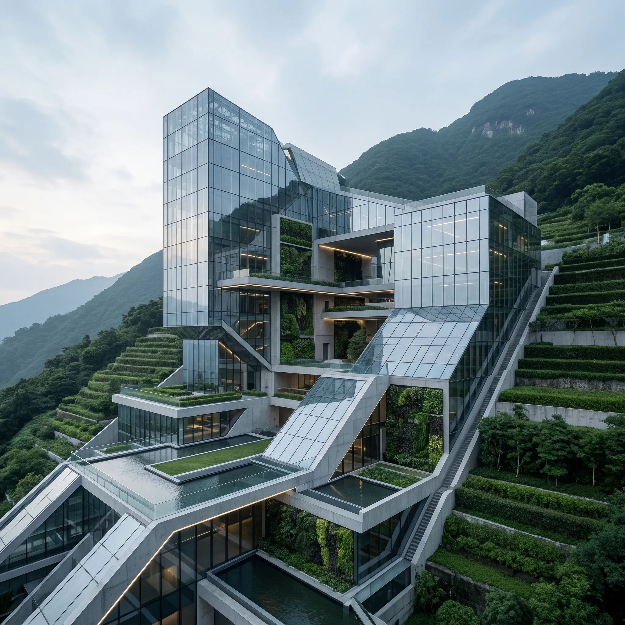 Futuristic Glass Villa on Mountain Slope
