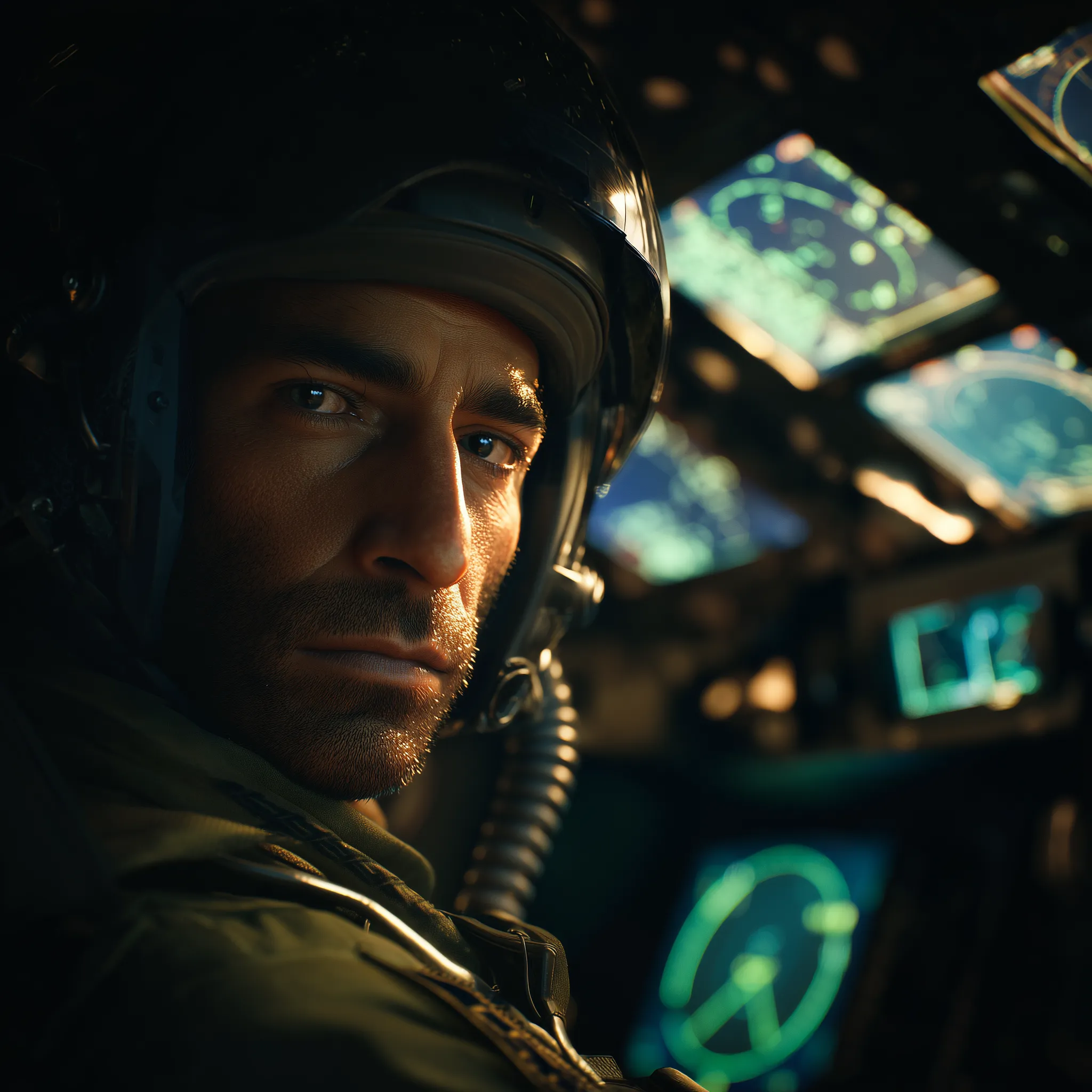 Dramatic fighter pilot in cockpit