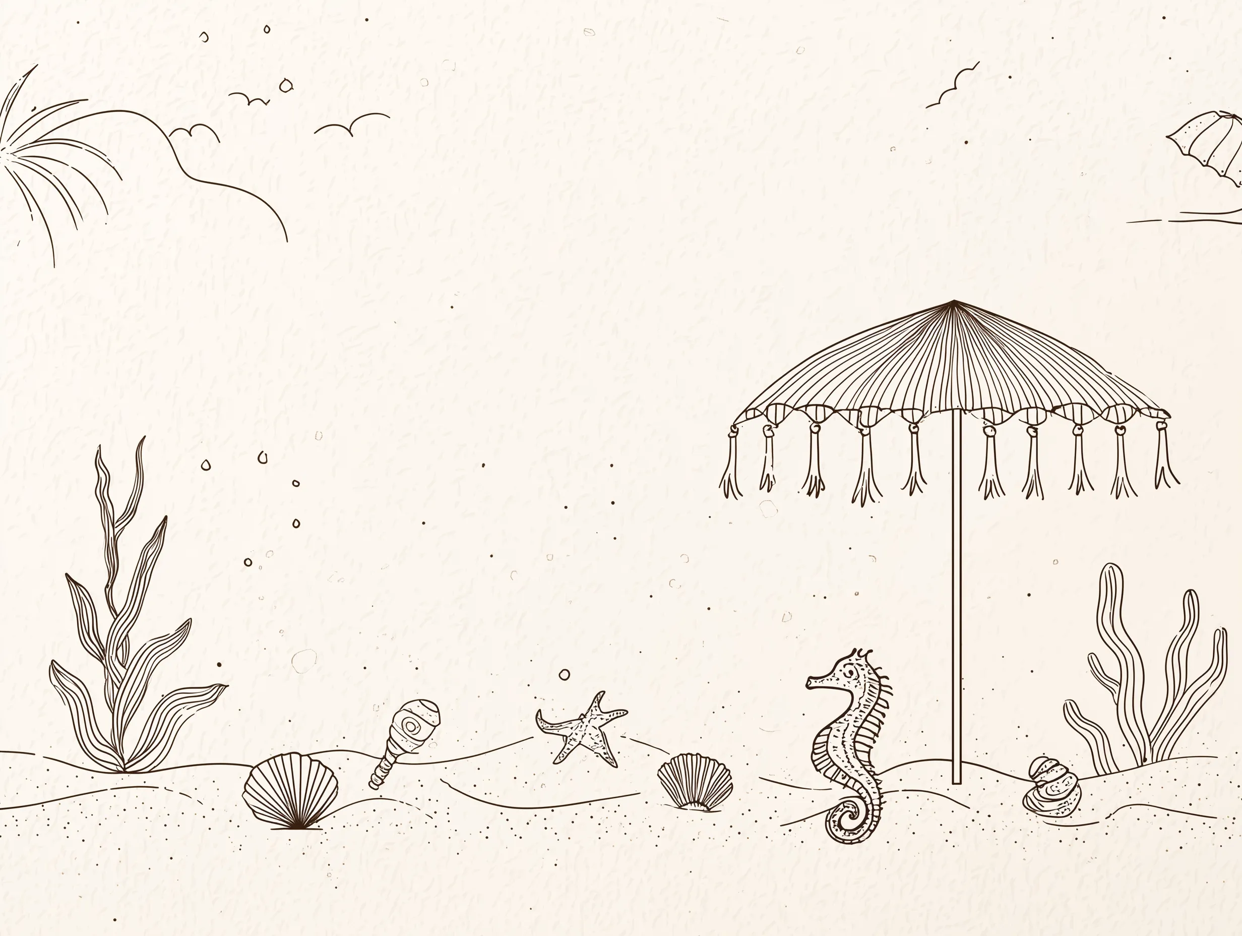 Minimalist beach line art with umbrella and seahorse