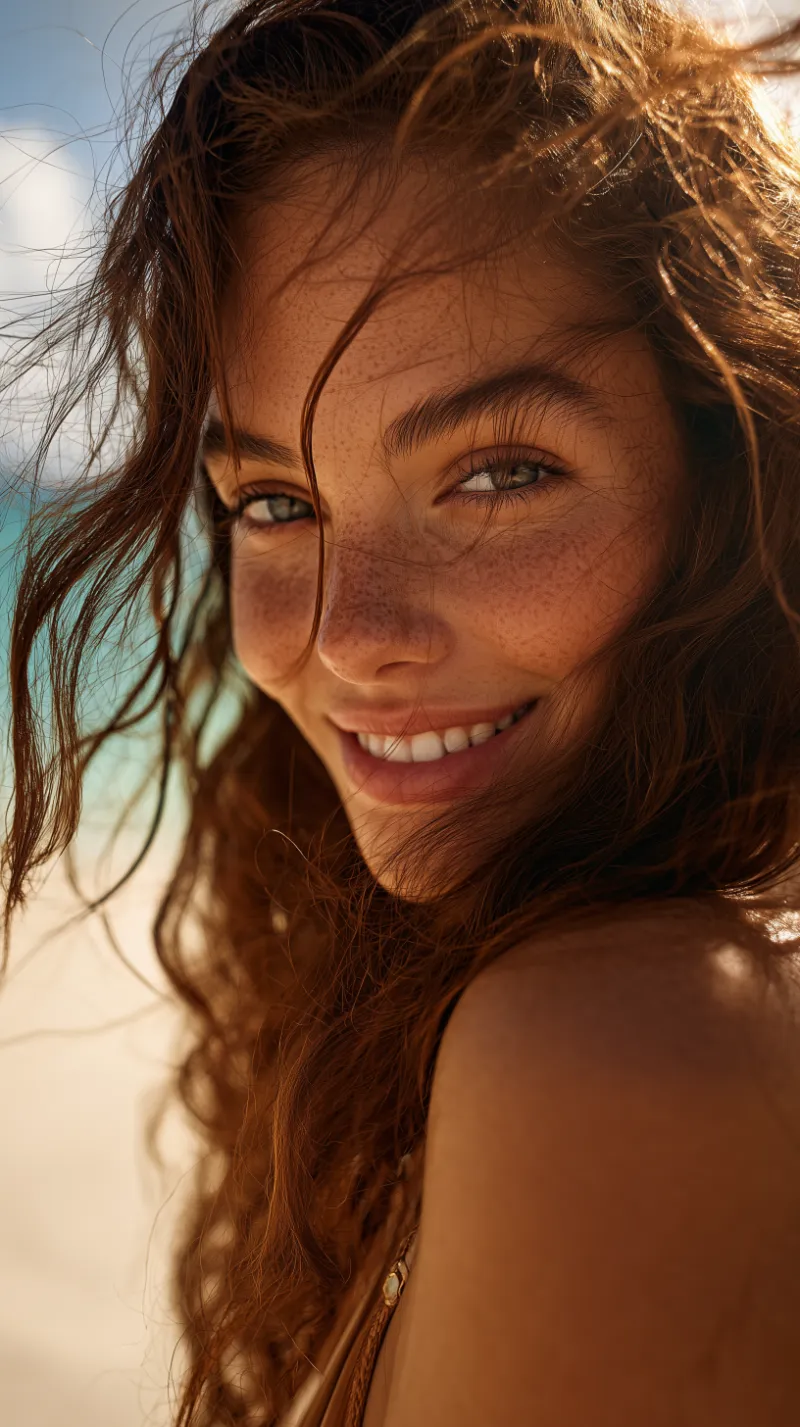 Smiling freckled woman at sunny beach