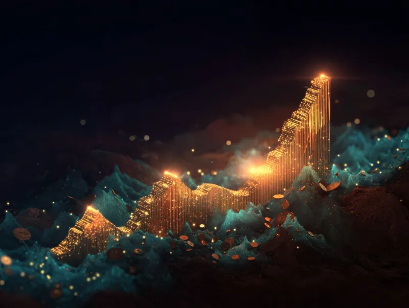 Glowing 3D financial growth graph over dark terrain
