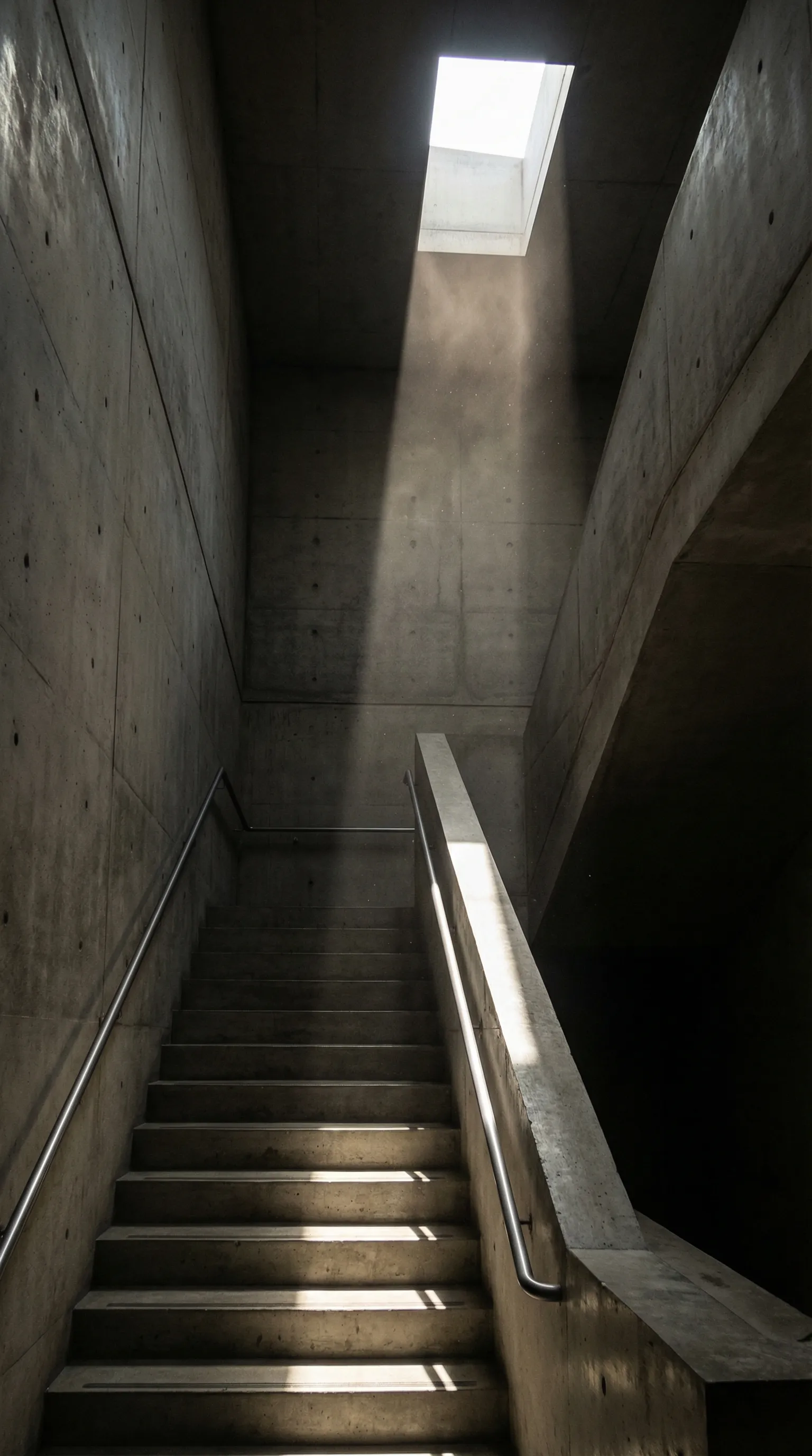 Concrete stairwell lit by skylight beam