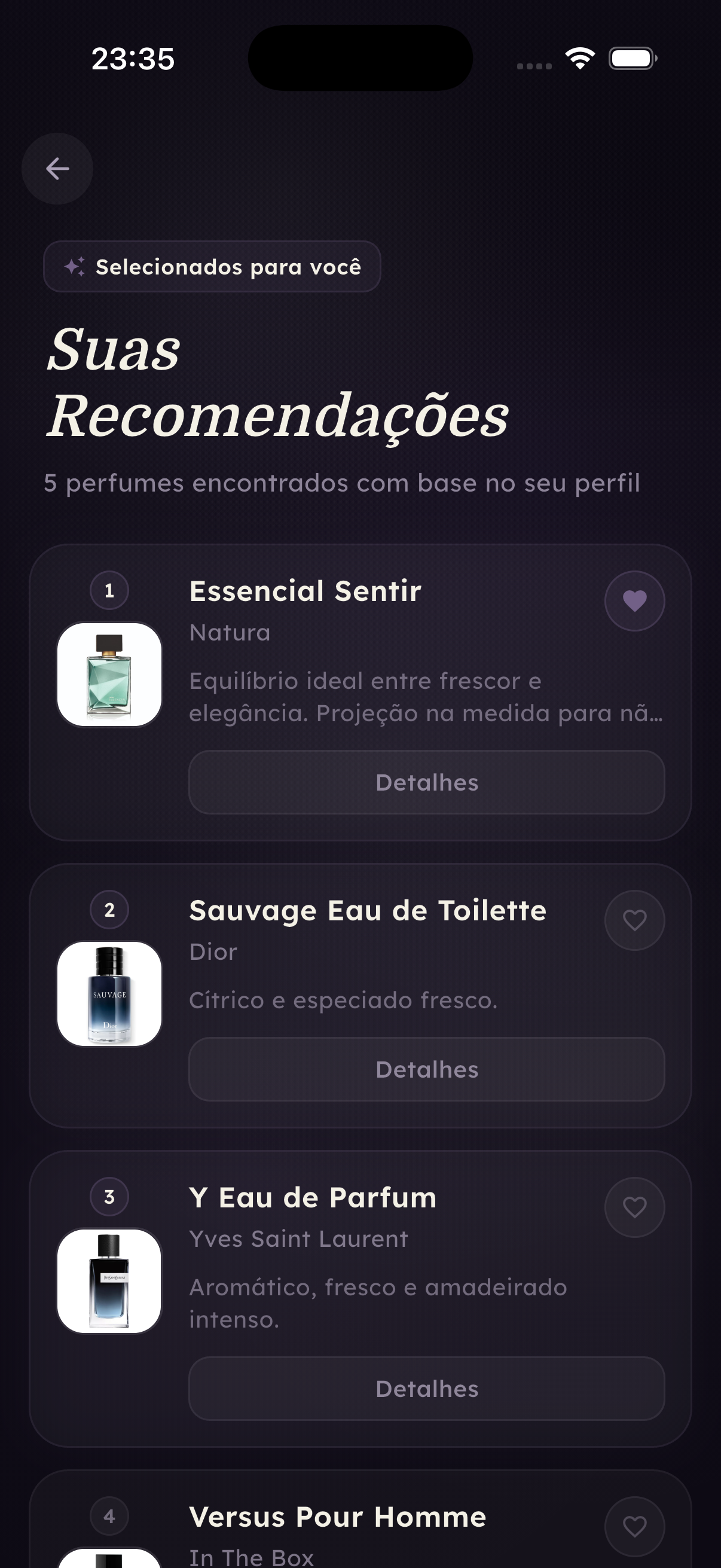 Tela de recomendação de perfume por Inteligência Artificial Scencia
