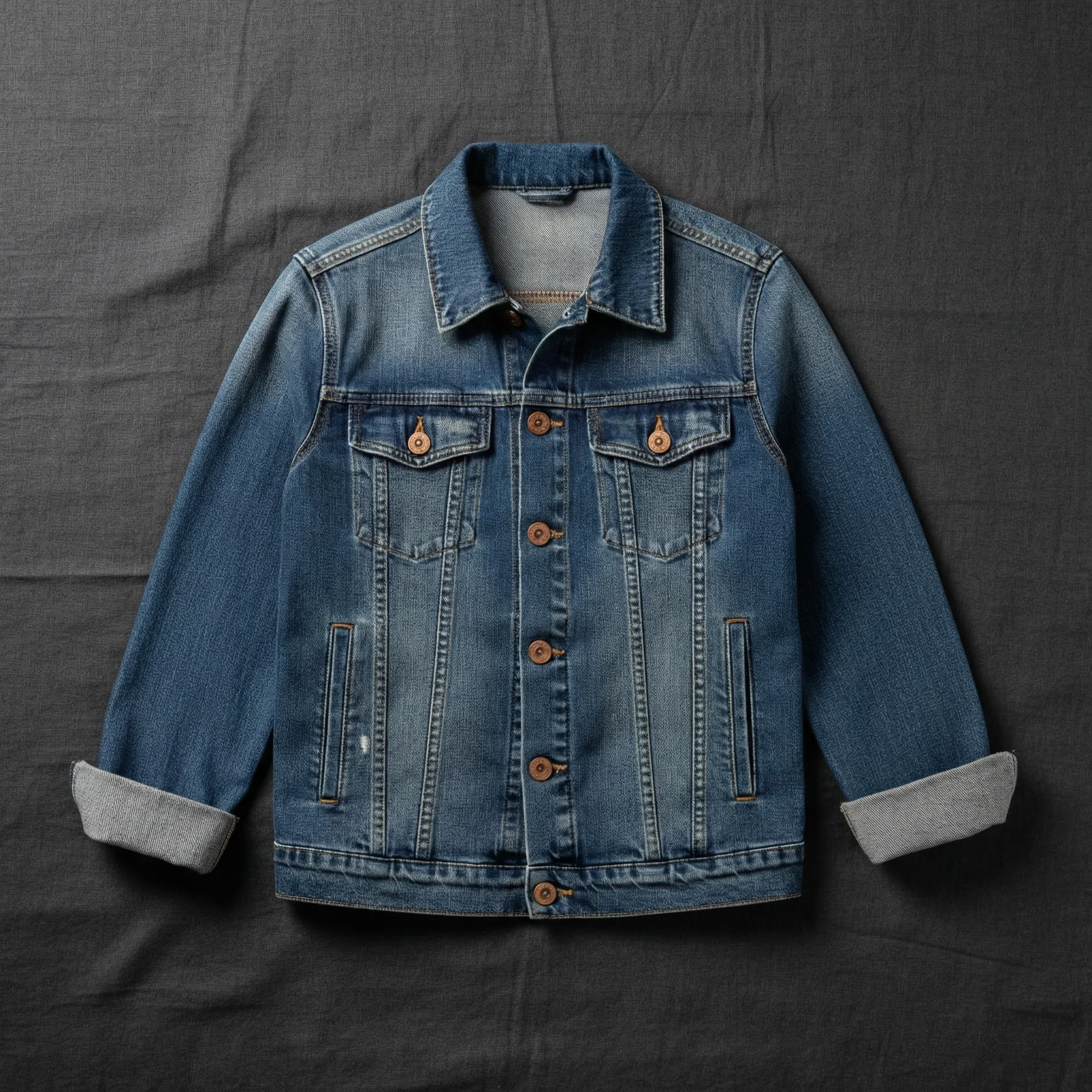 Classic blue denim jacket on dark fabric
