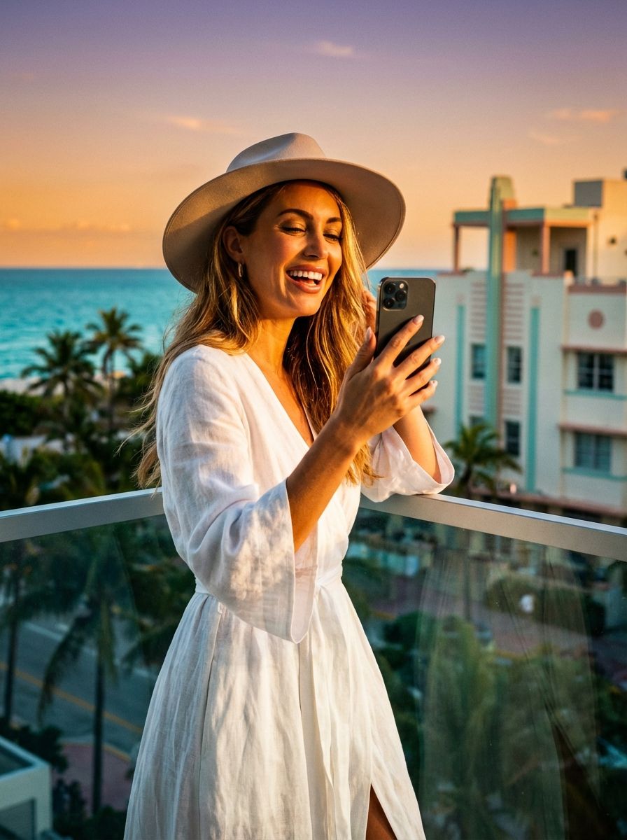 Woman using smartphone on Miami balcony at sunset