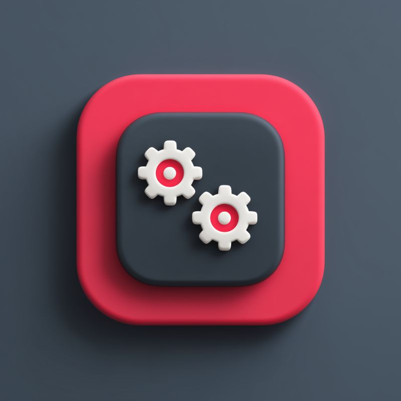 3D gears icon on dark square button