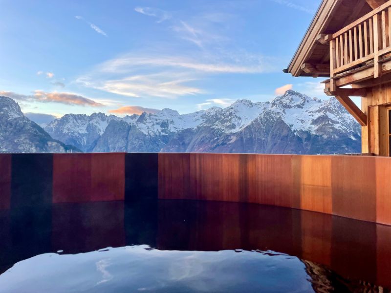 Alpine Infinity Pool with Snowy Mountain View