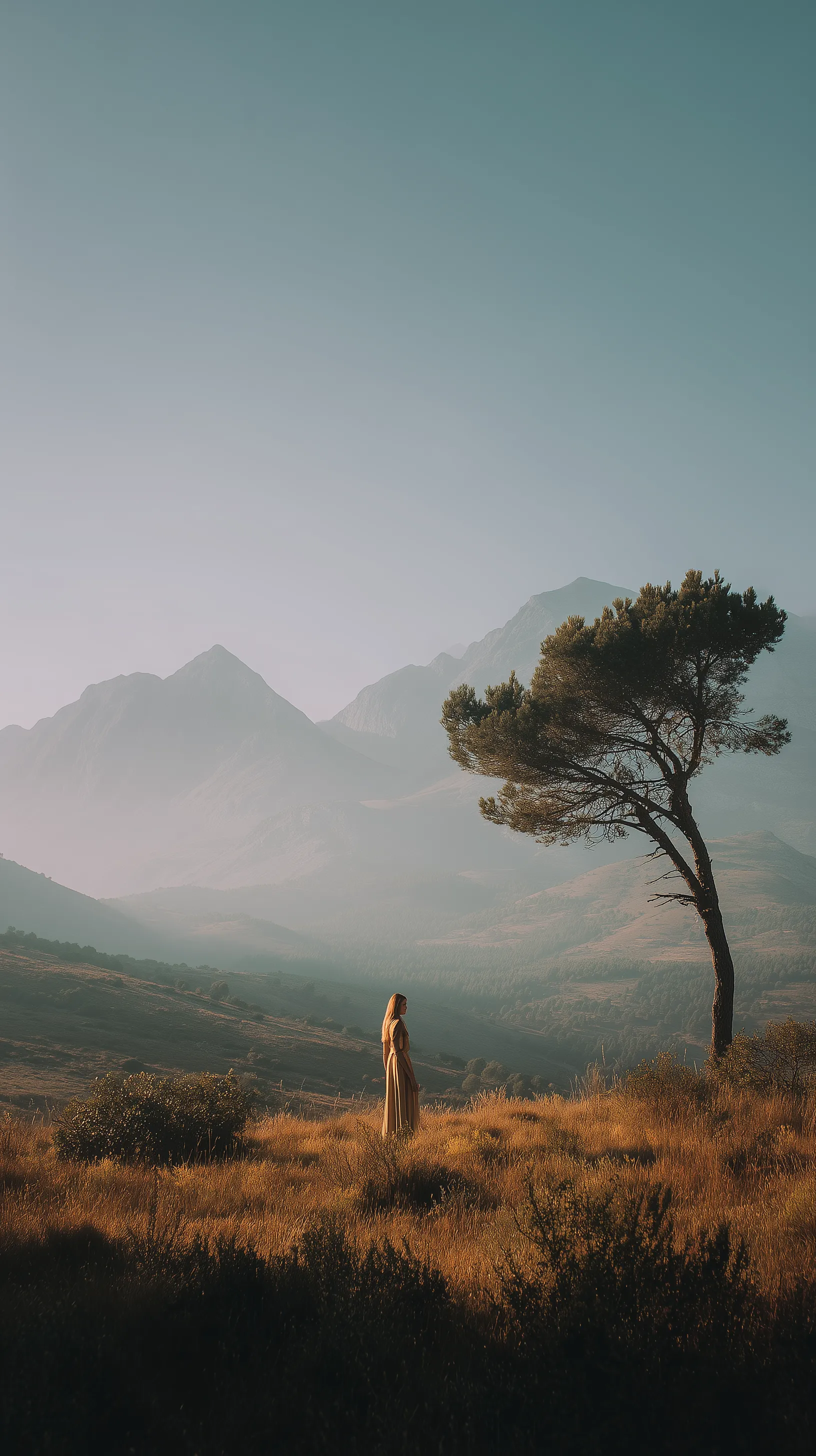 Solitary Woman in Foggy Mountain Landscape