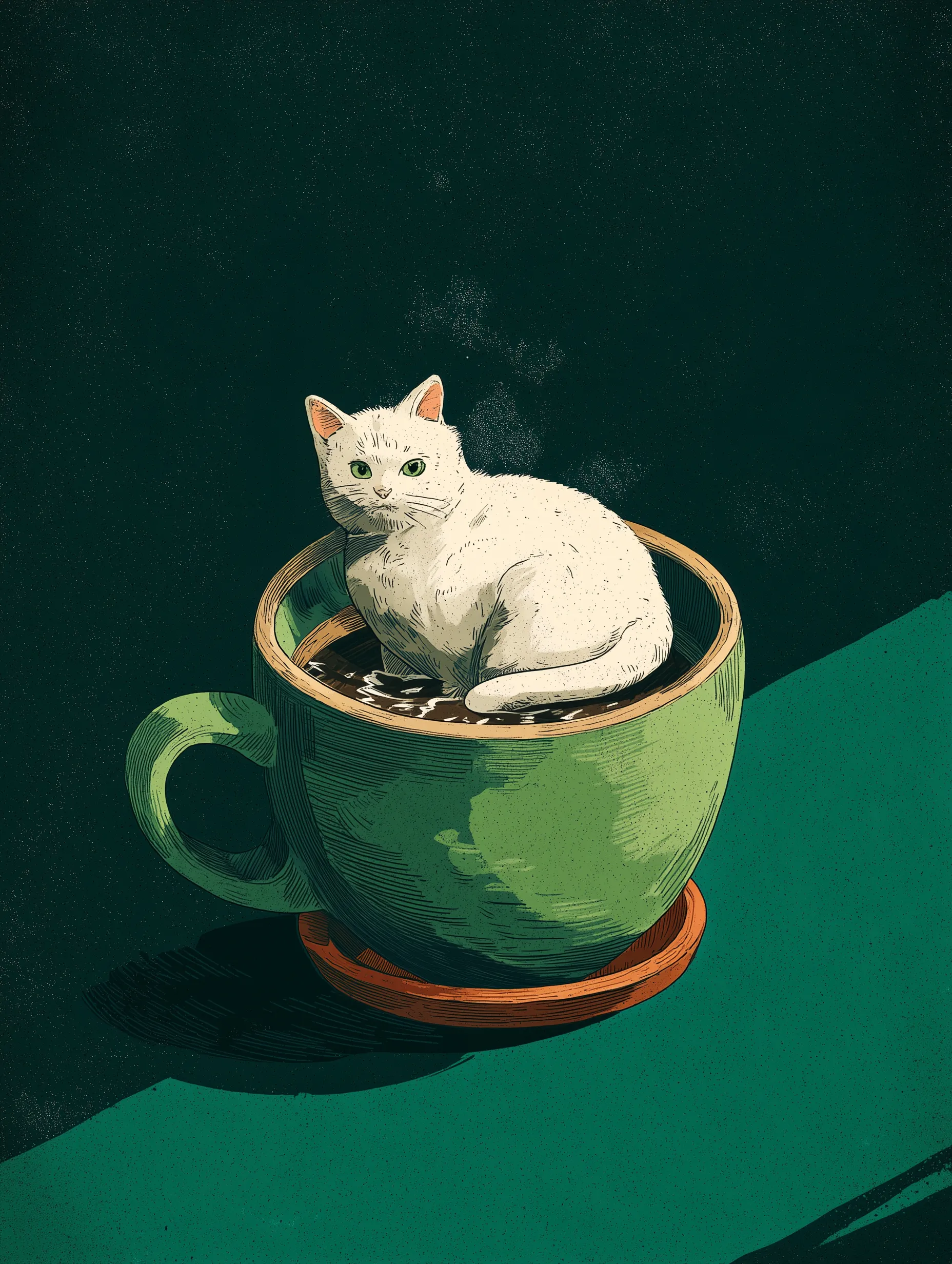 White Cat Sitting in Green Coffee Cup Illustration