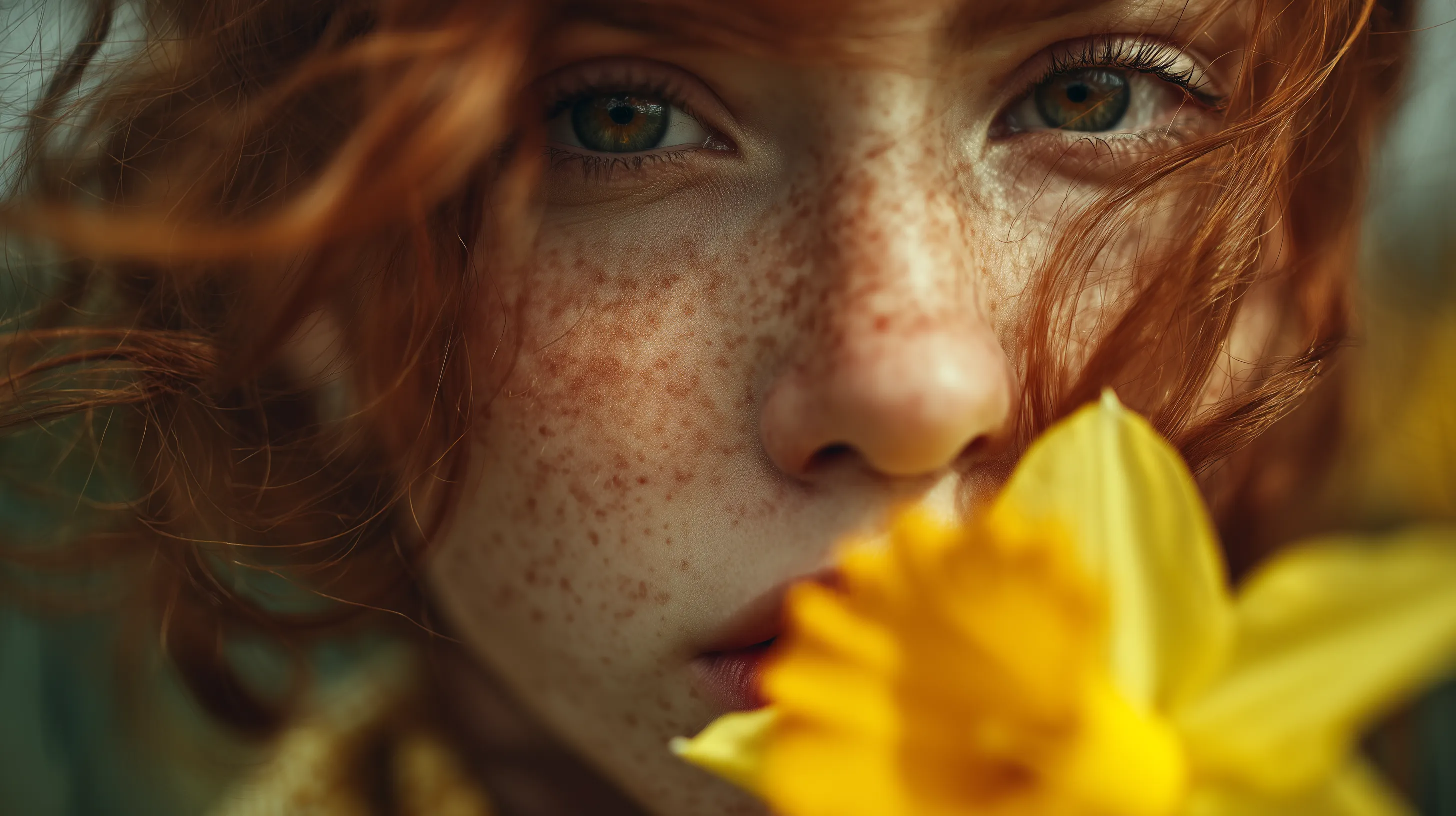 Freckled Redhead Portrait With Daffodil